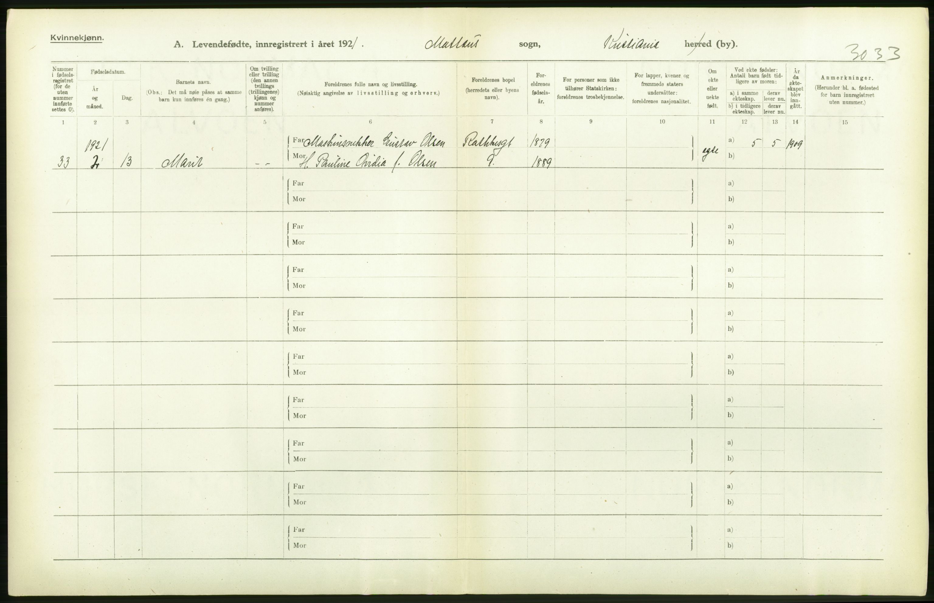 Statistisk sentralbyrå, Sosiodemografiske emner, Befolkning, RA/S-2228/D/Df/Dfc/Dfca/L0008: Kristiania: Levendefødte menn og kvinner., 1921, p. 162