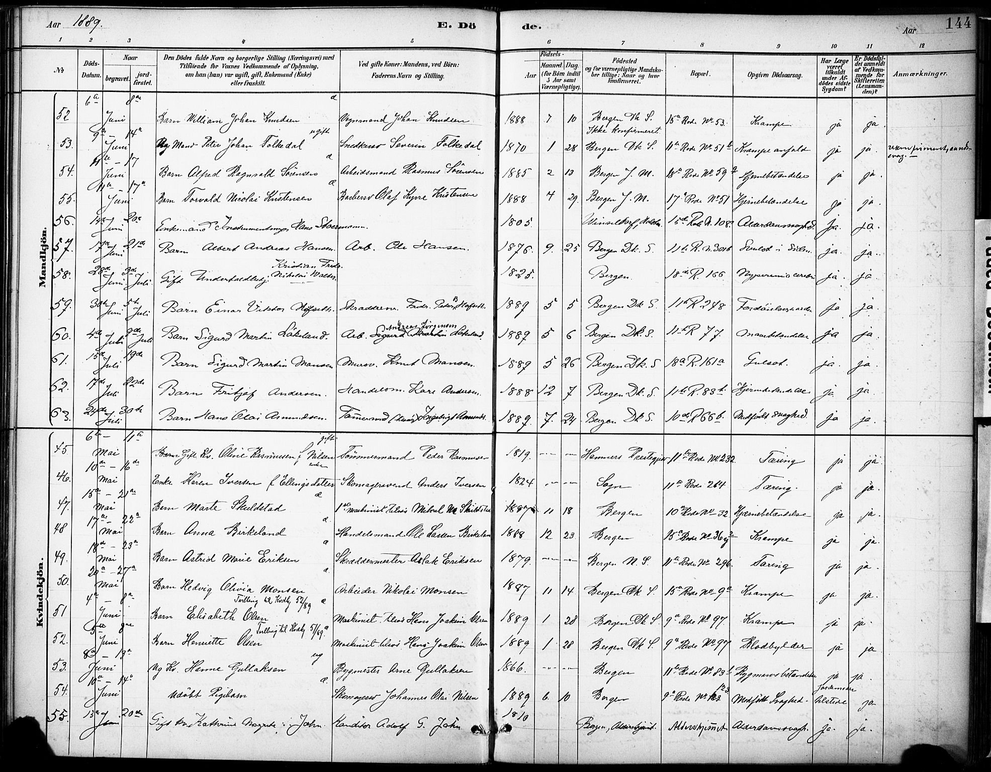 Domkirken sokneprestembete, SAB/A-74801/H/Haa/L0043: Parish register (official) no. E 5, 1882-1904, p. 144