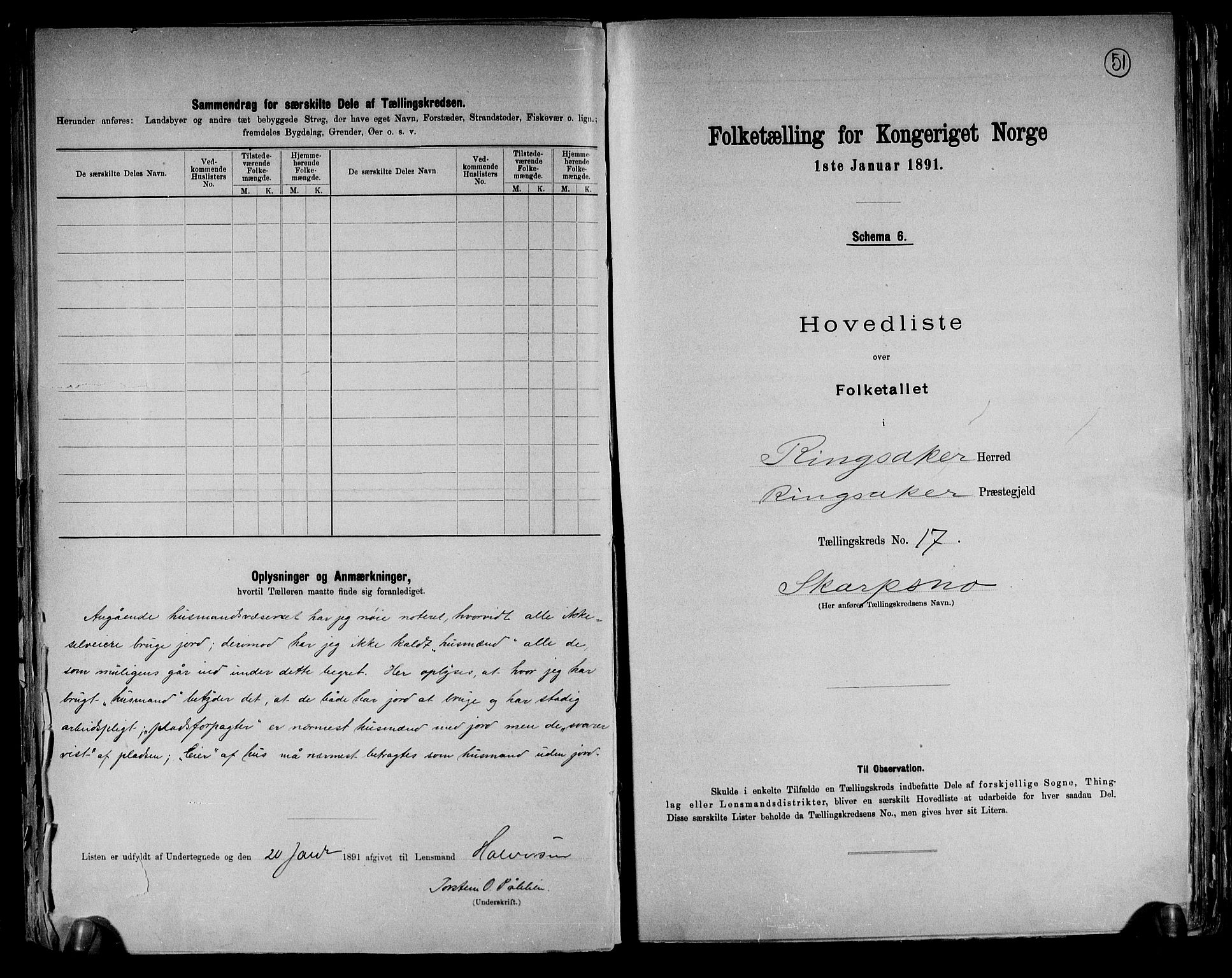 RA, 1891 census for 0412 Ringsaker, 1891, p. 51