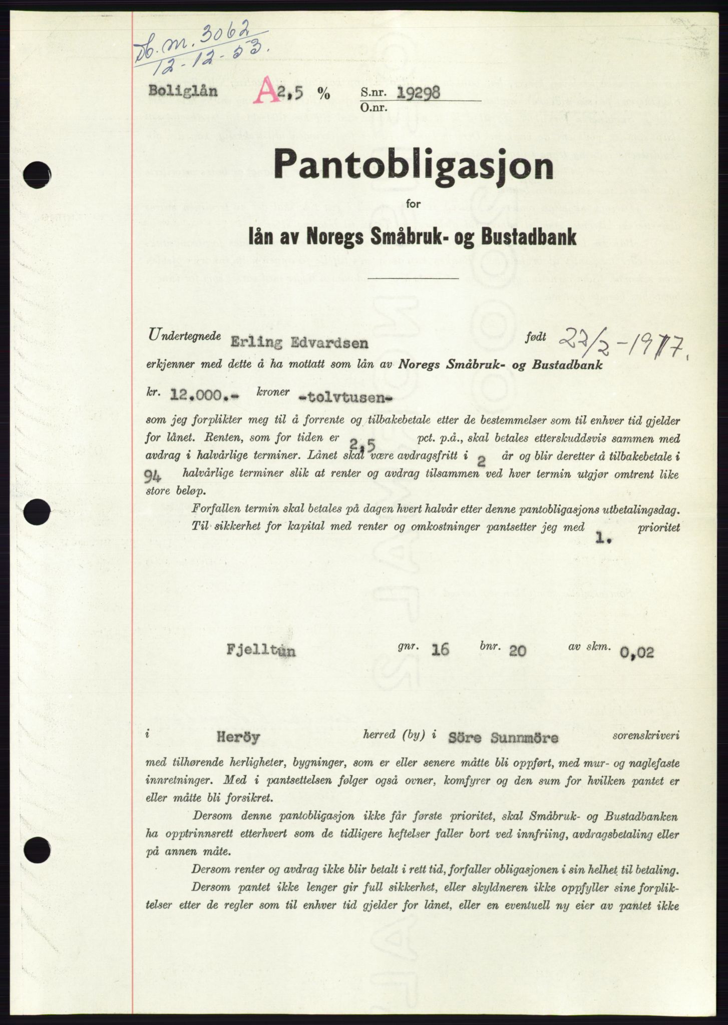 Søre Sunnmøre sorenskriveri, AV/SAT-A-4122/1/2/2C/L0124: Mortgage book no. 12B, 1953-1954, Diary no: : 3062/1953