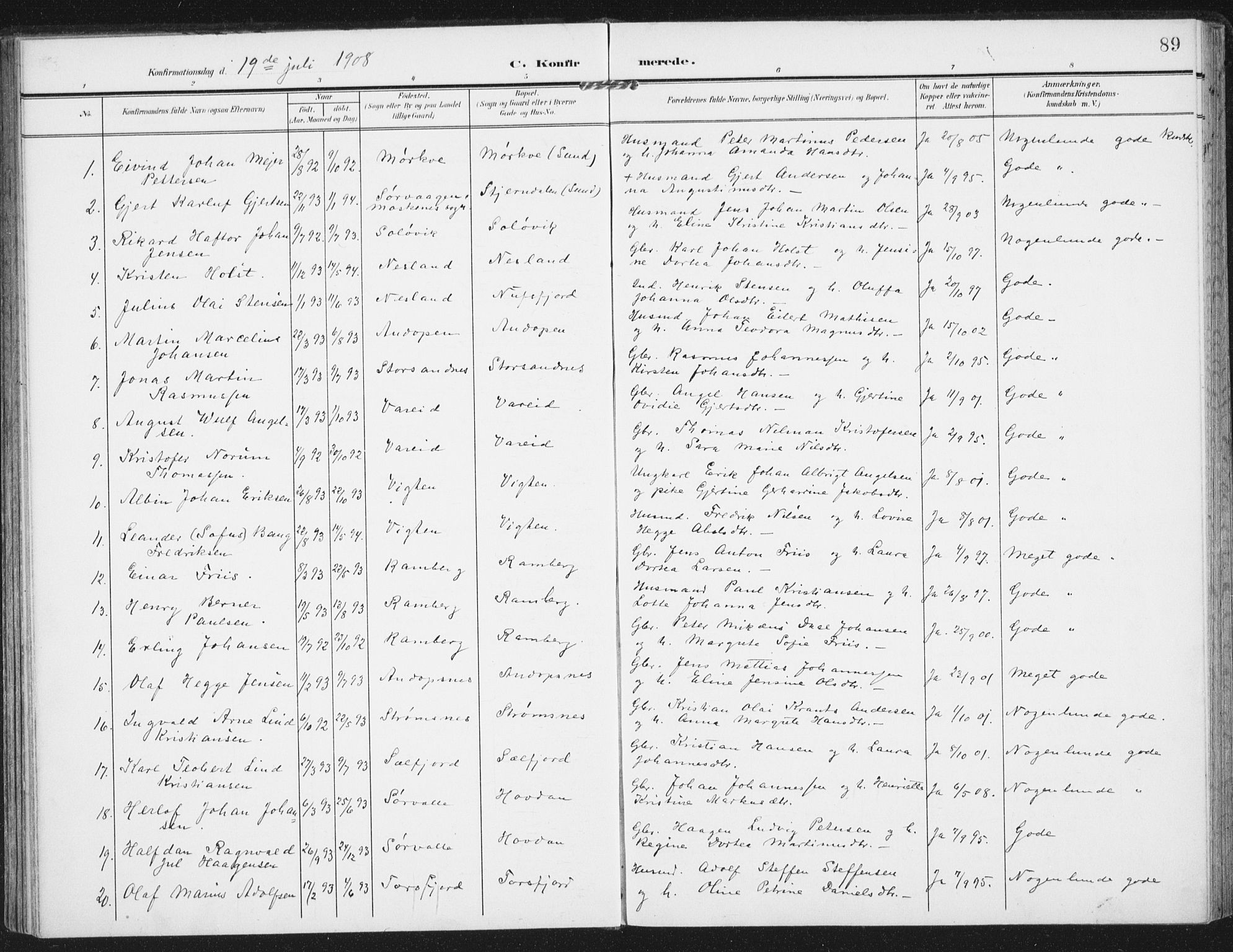 Ministerialprotokoller, klokkerbøker og fødselsregistre - Nordland, SAT/A-1459/885/L1206: Parish register (official) no. 885A07, 1905-1915, p. 89