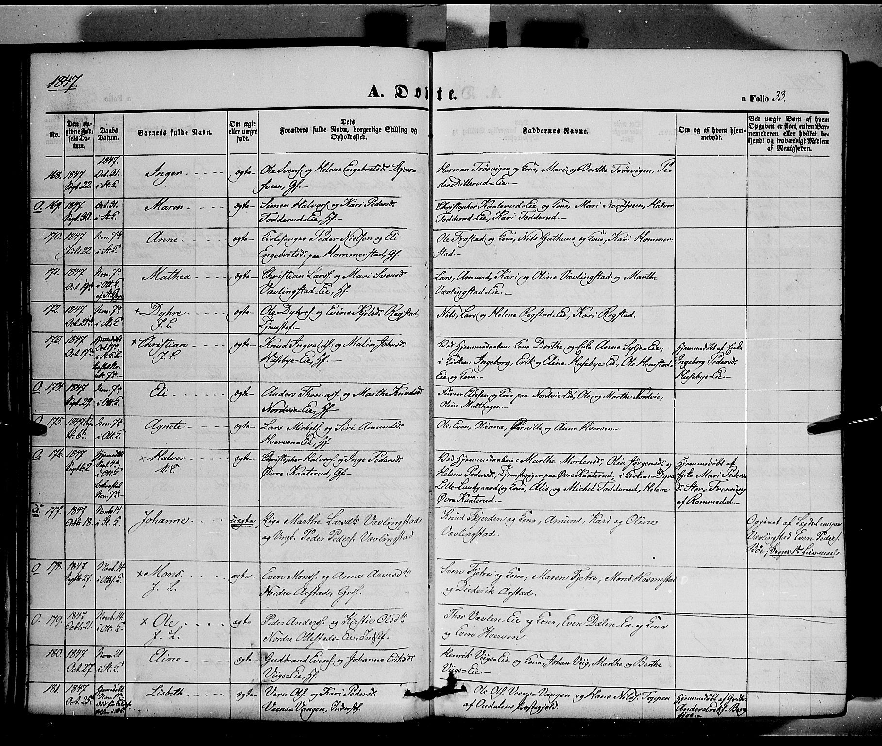Stange prestekontor, SAH/PREST-002/K/L0011: Parish register (official) no. 11, 1846-1852, p. 33