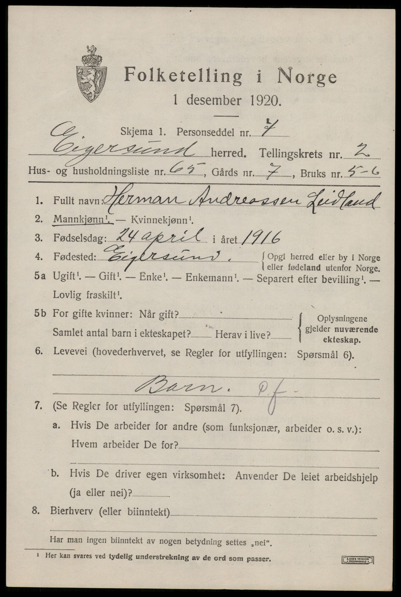 SAST, 1920 census for Eigersund, 1920, p. 2307