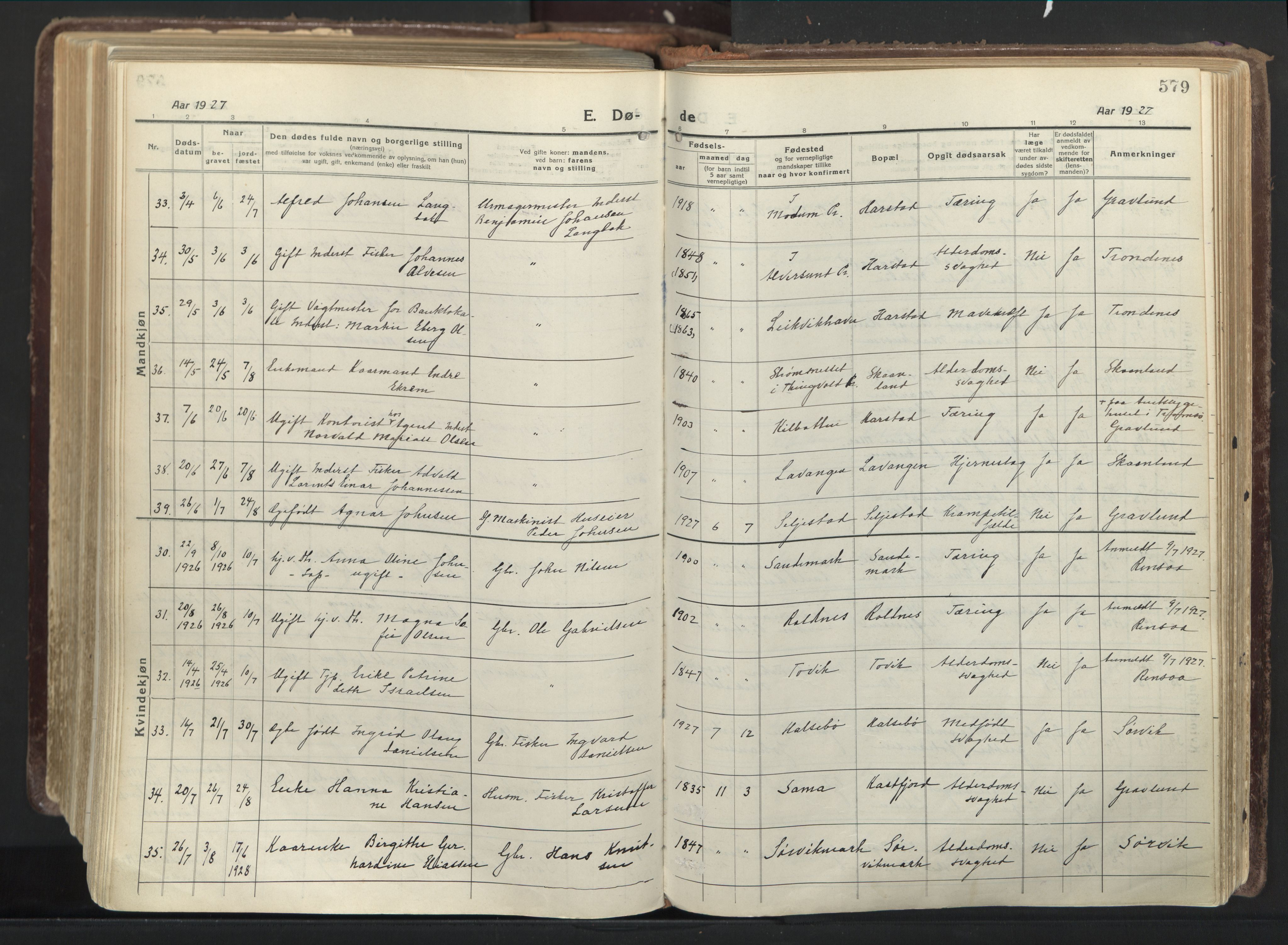 Trondenes sokneprestkontor, AV/SATØ-S-1319/H/Ha/L0019kirke: Parish register (official) no. 19, 1919-1928, p. 579