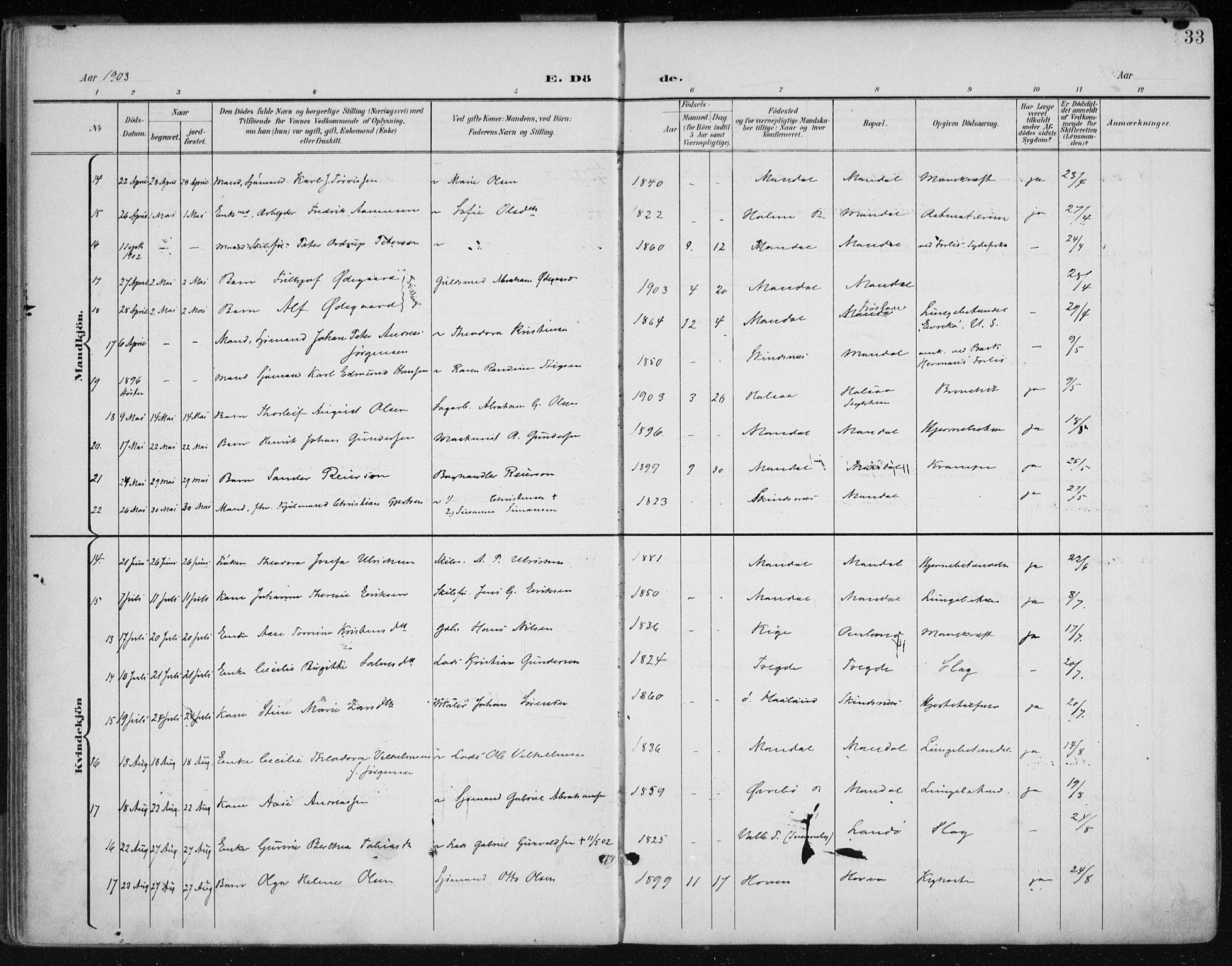 Mandal sokneprestkontor, AV/SAK-1111-0030/F/Fa/Faa/L0021: Parish register (official) no. A 21, 1898-1913, p. 33