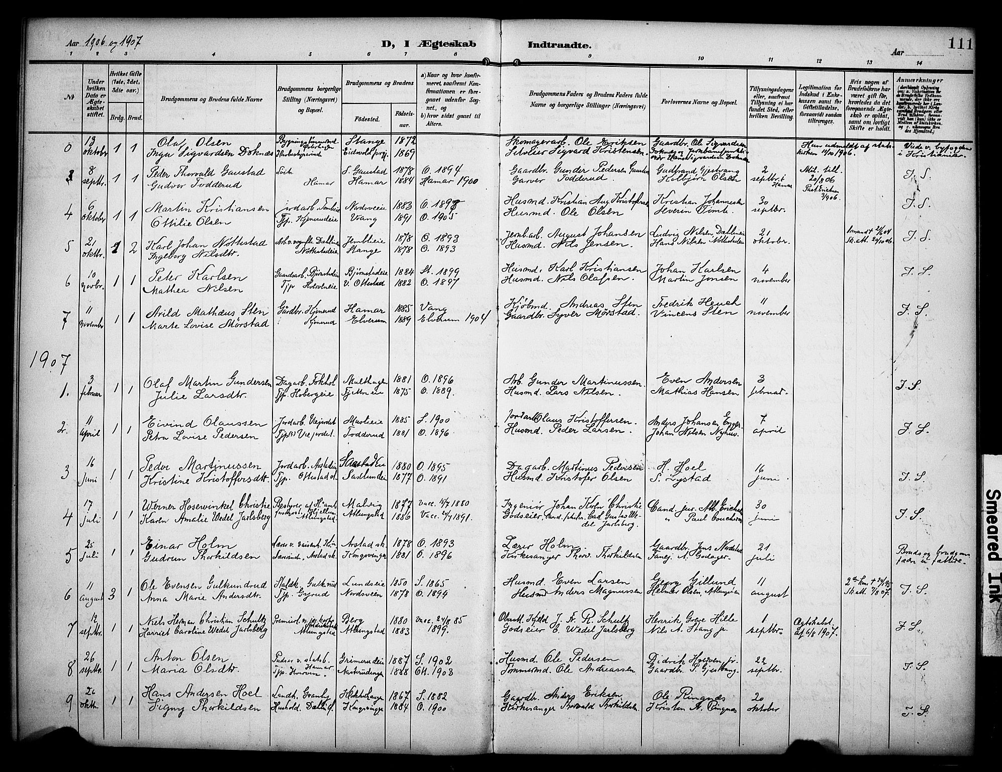 Stange prestekontor, SAH/PREST-002/K/L0022: Parish register (official) no. 22, 1903-1914, p. 111