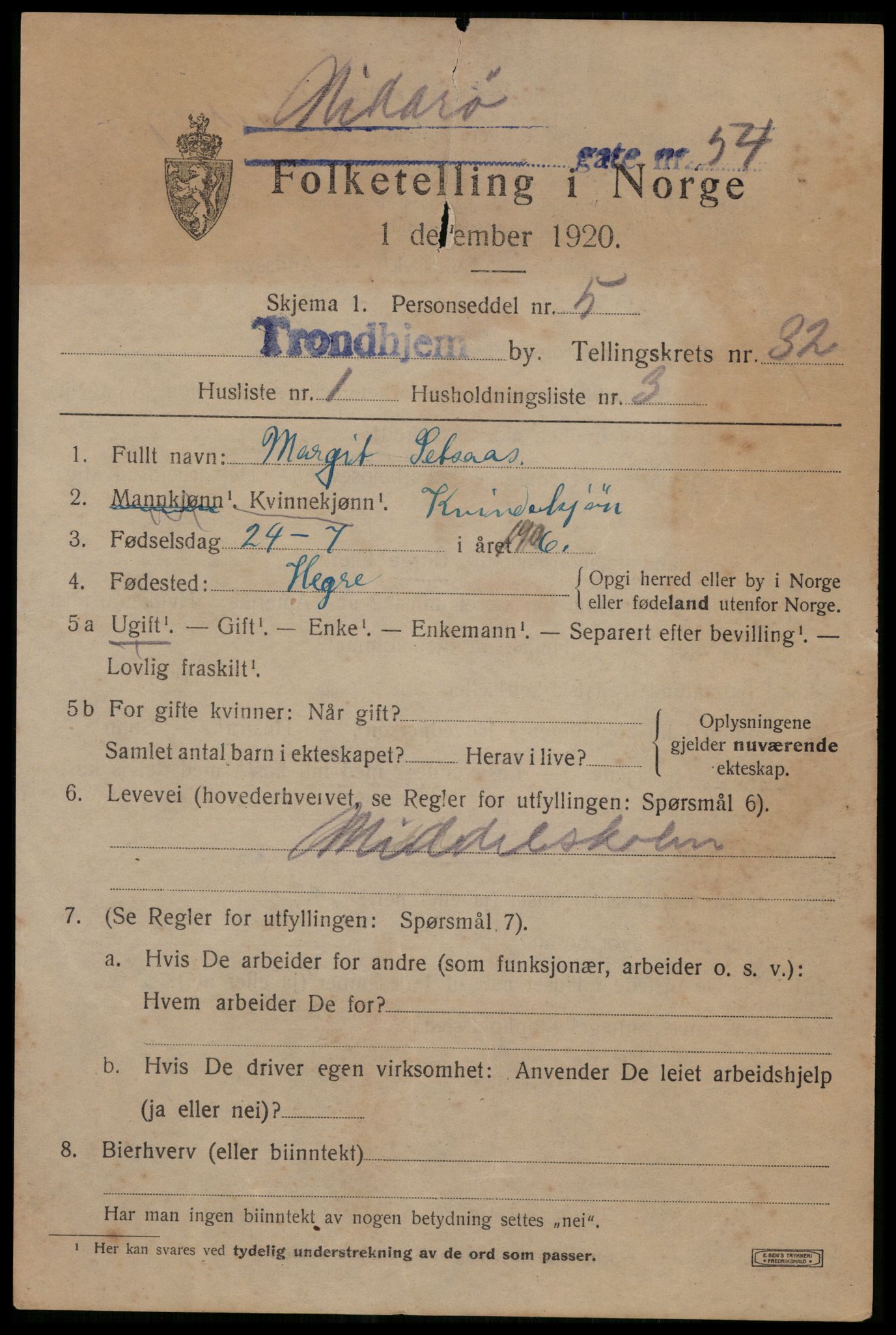 SAT, 1920 census for Trondheim, 1920, p. 77222