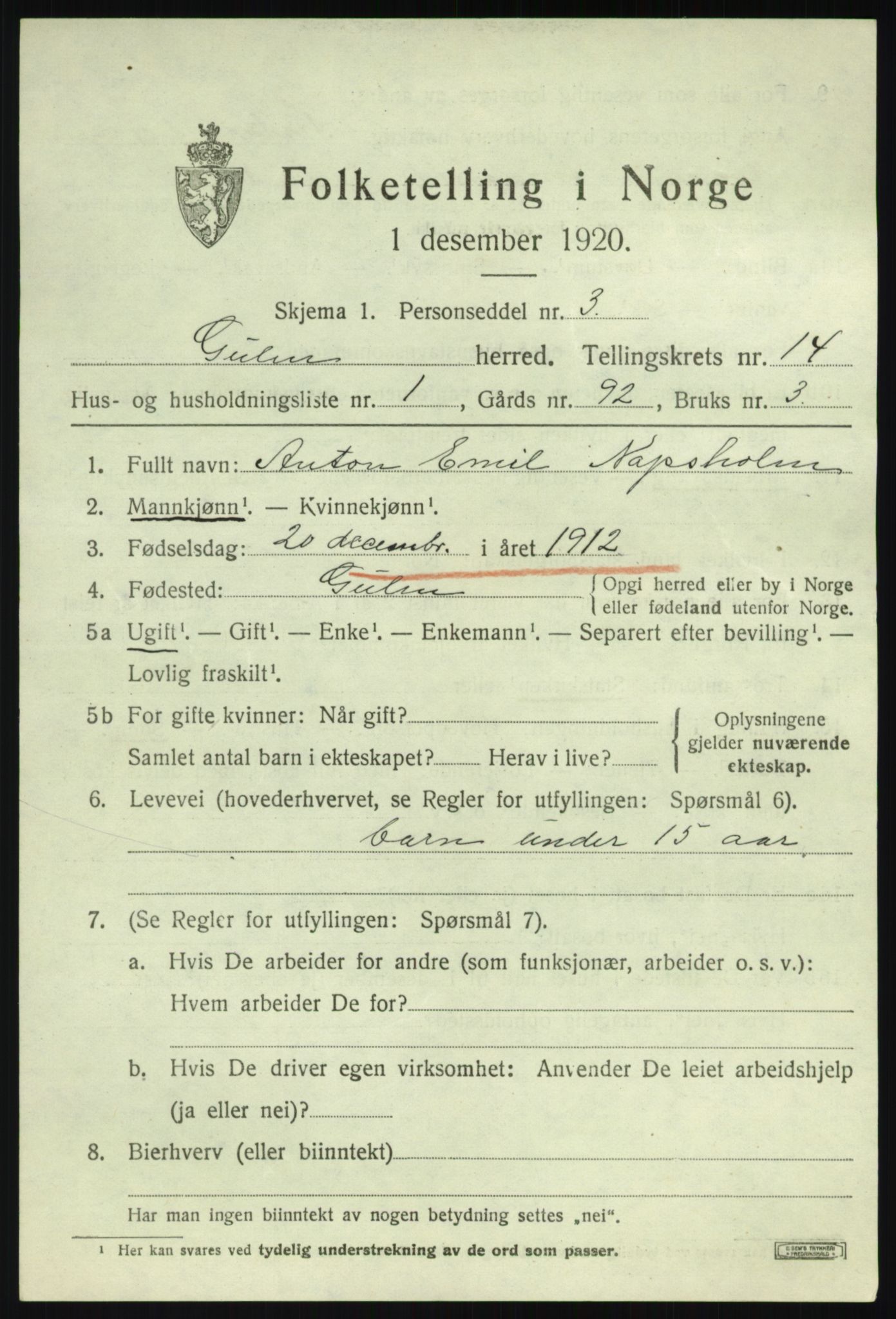 SAB, 1920 census for Gulen, 1920, p. 6199