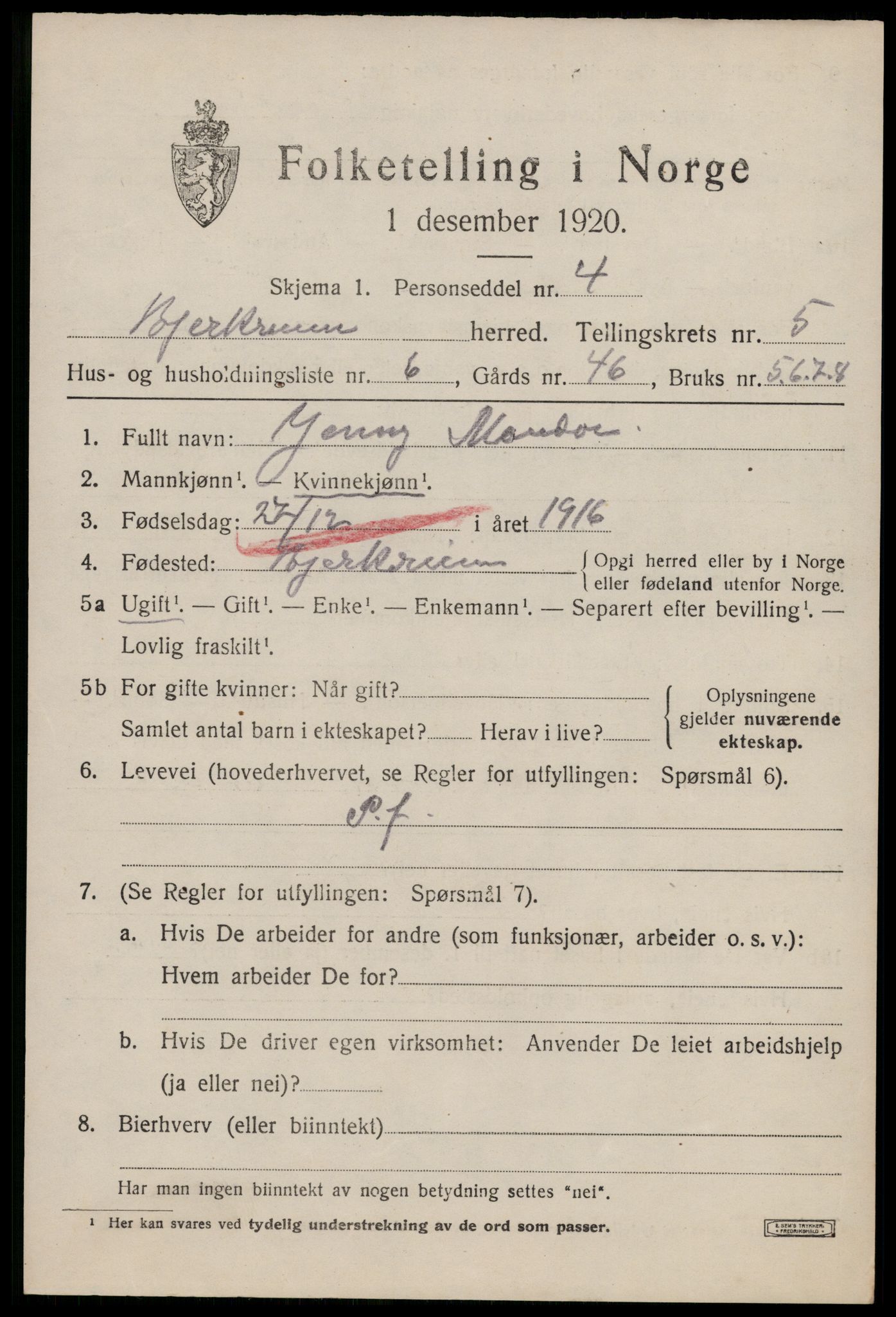 SAST, 1920 census for Bjerkreim, 1920, p. 2120