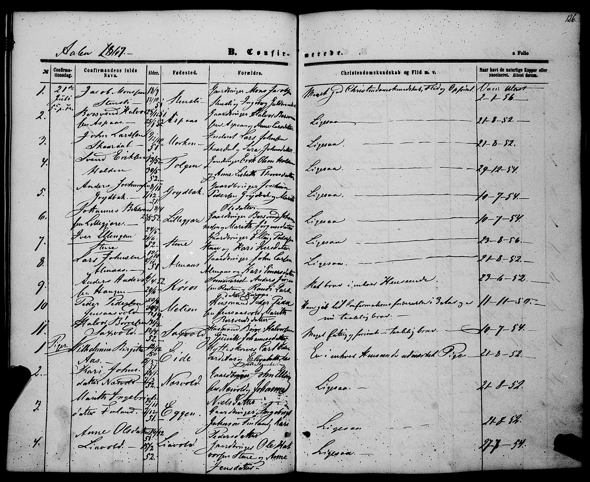 Ministerialprotokoller, klokkerbøker og fødselsregistre - Sør-Trøndelag, SAT/A-1456/685/L0968: Parish register (official) no. 685A07 /3, 1860-1869, p. 126