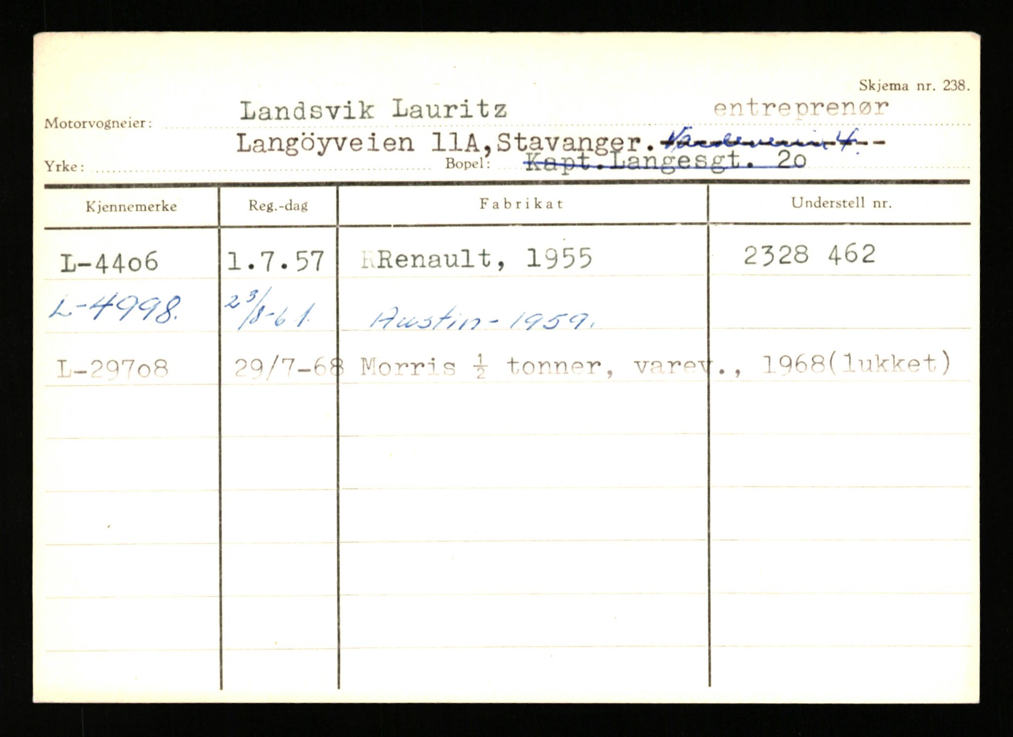 Stavanger trafikkstasjon, AV/SAST-A-101942/0/H/L0022: Landsverk - Laxau, 1930-1971, p. 3