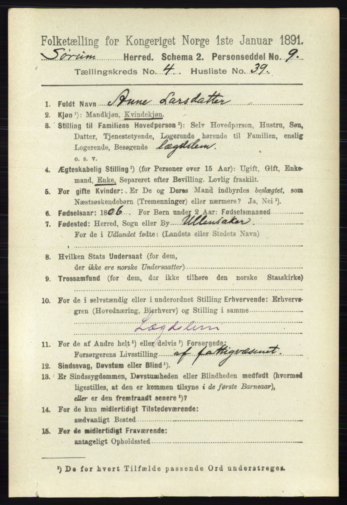 RA, 1891 census for 0226 Sørum, 1891, p. 2111