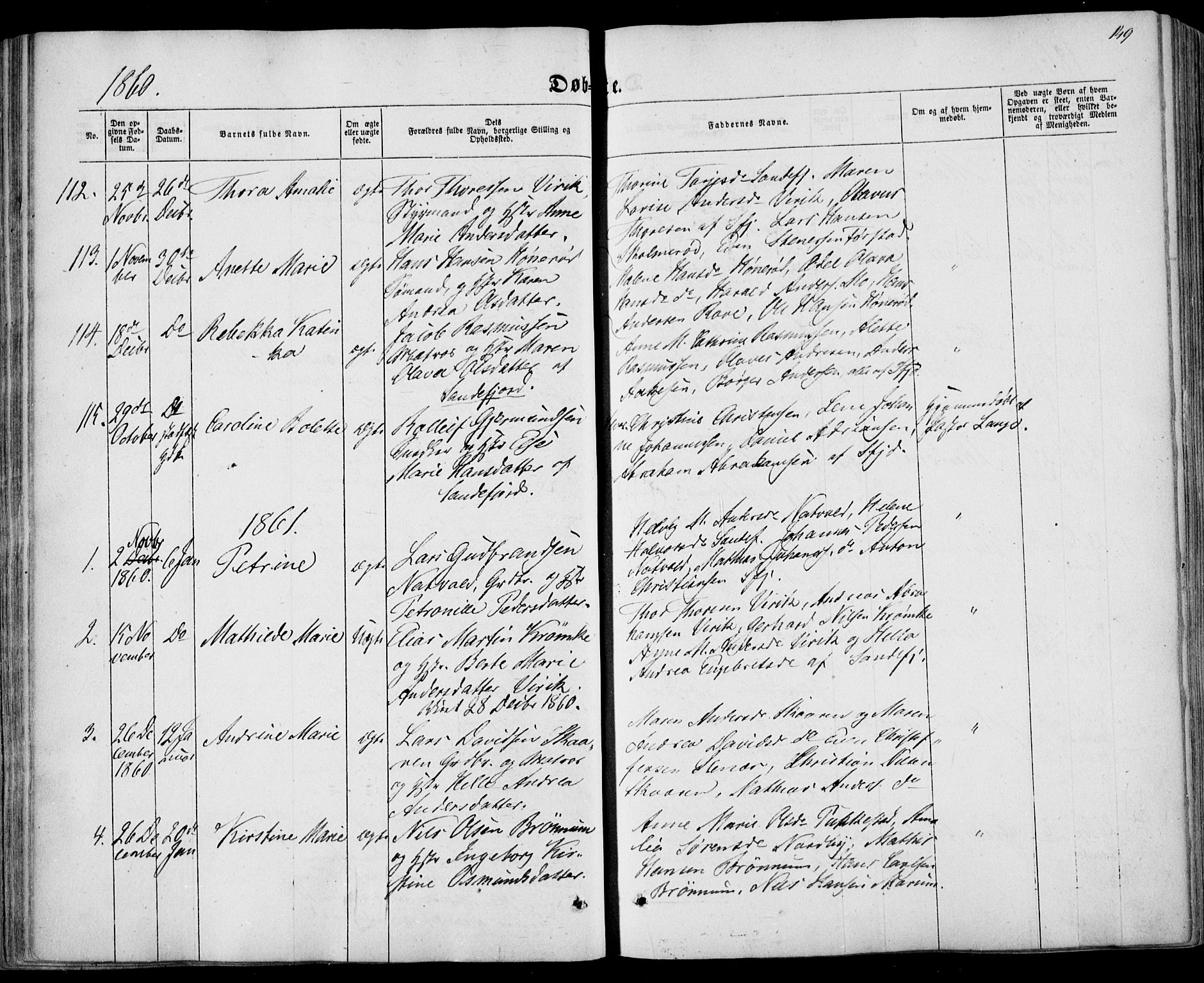 Sandar kirkebøker, AV/SAKO-A-243/F/Fa/L0007: Parish register (official) no. 7, 1855-1861, p. 149