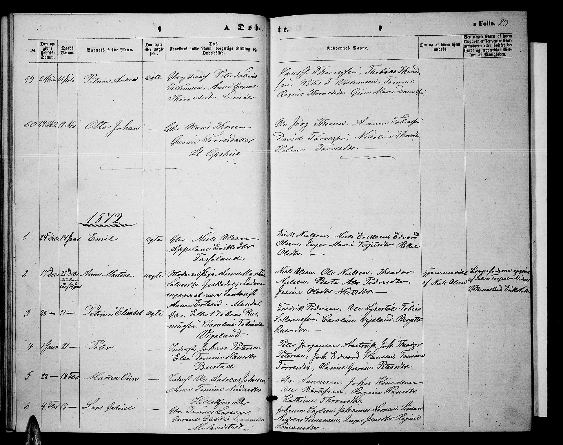 Sør-Audnedal sokneprestkontor, AV/SAK-1111-0039/F/Fb/Fbb/L0004: Parish register (copy) no. B 4, 1868-1879, p. 23