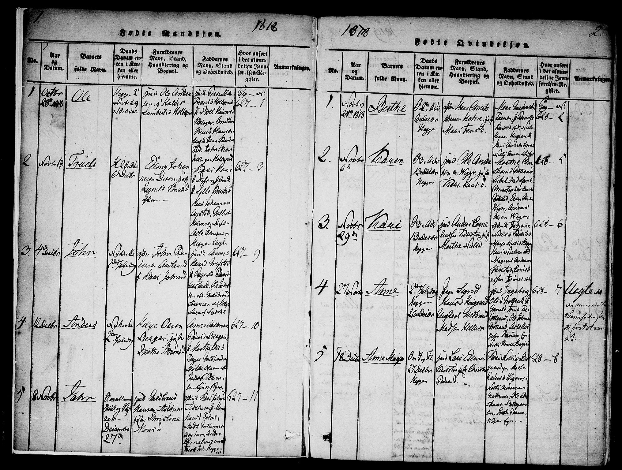 Modum kirkebøker, SAKO/A-234/F/Fa/L0004: Parish register (official) no. 4, 1818-1824, p. 1-2
