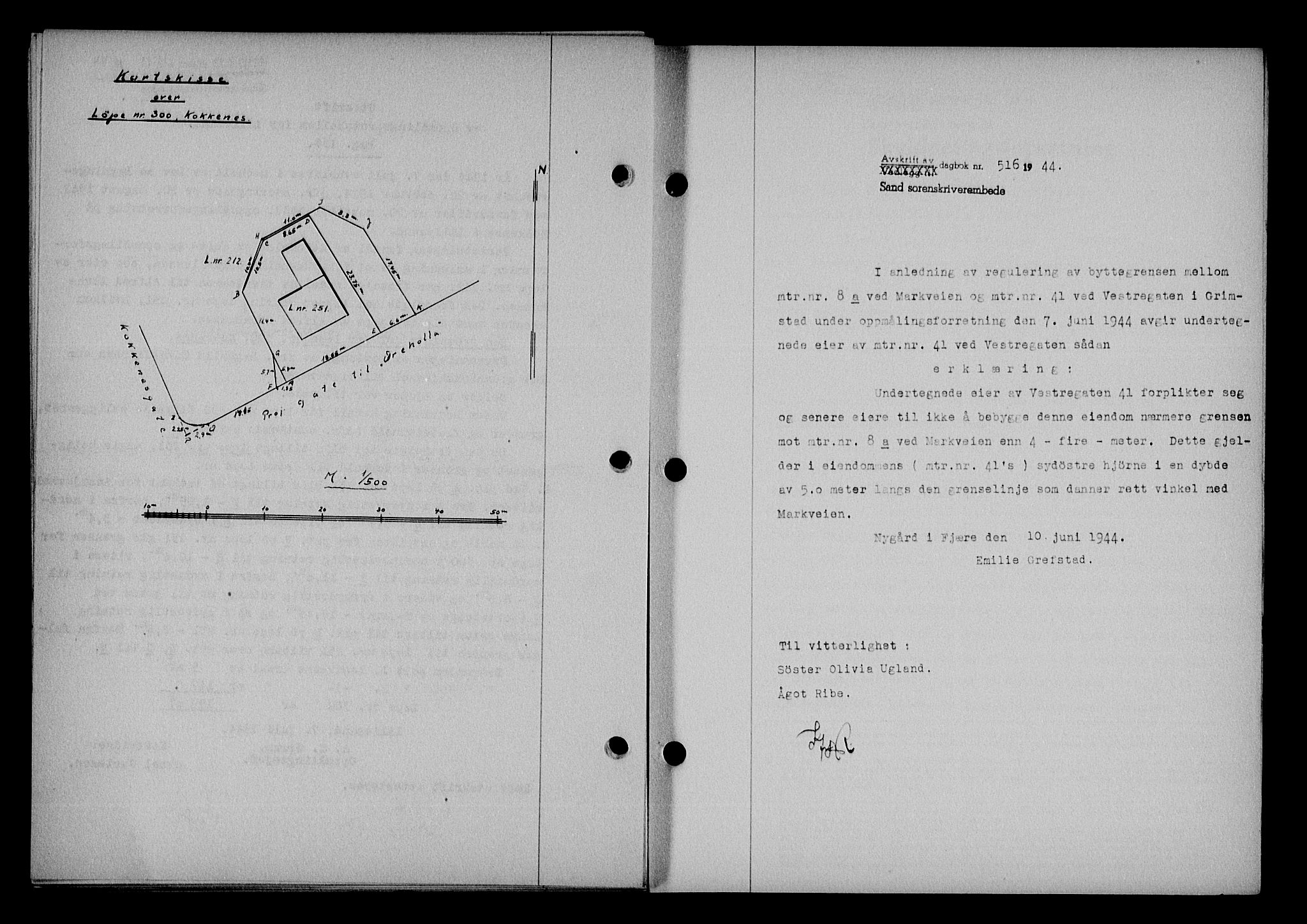 Vestre Nedenes/Sand sorenskriveri, SAK/1221-0010/G/Gb/Gba/L0053: Mortgage book no. A 6, 1944-1945, Diary no: : 516/1944
