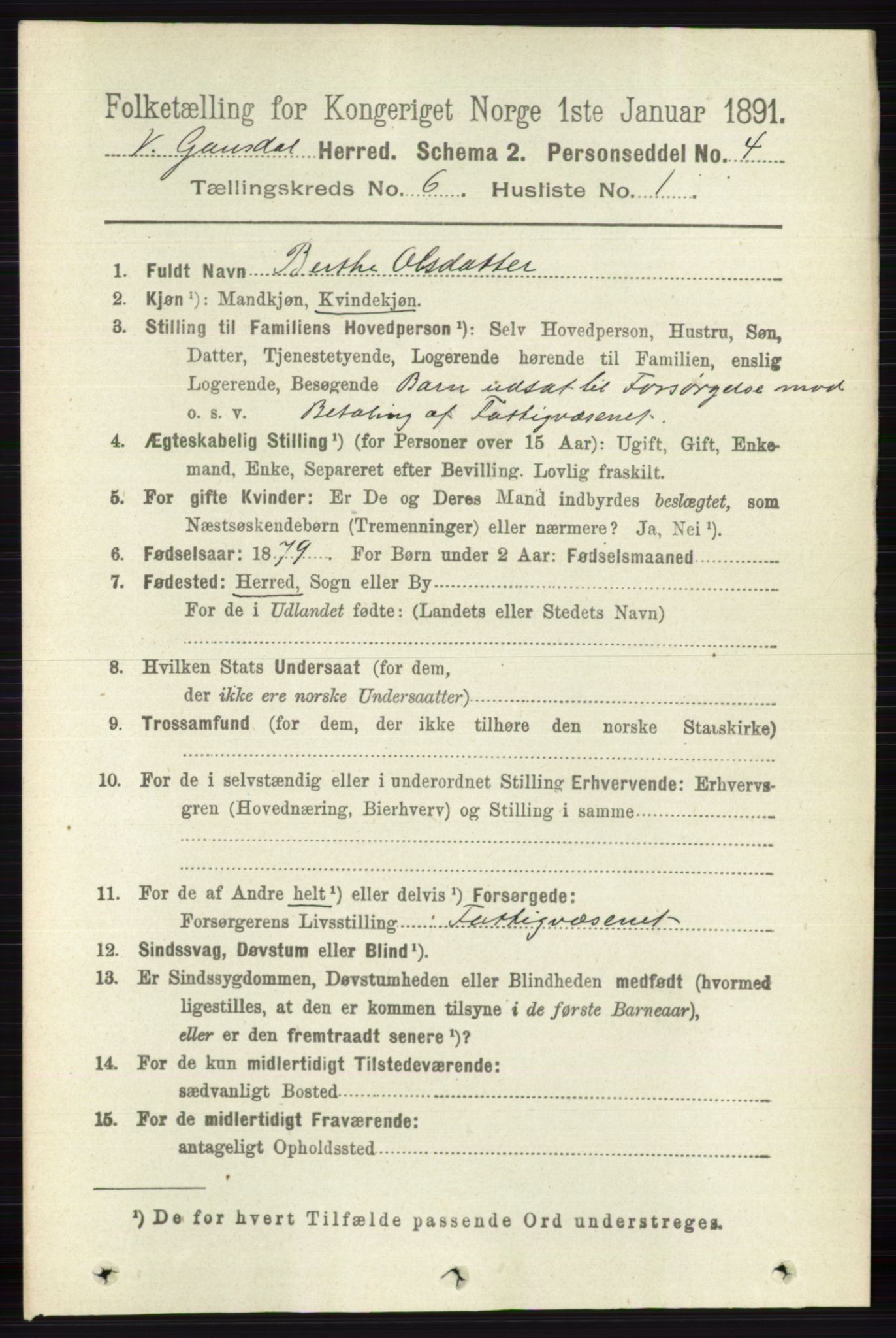 RA, 1891 census for 0523 Vestre Gausdal, 1891, p. 2557