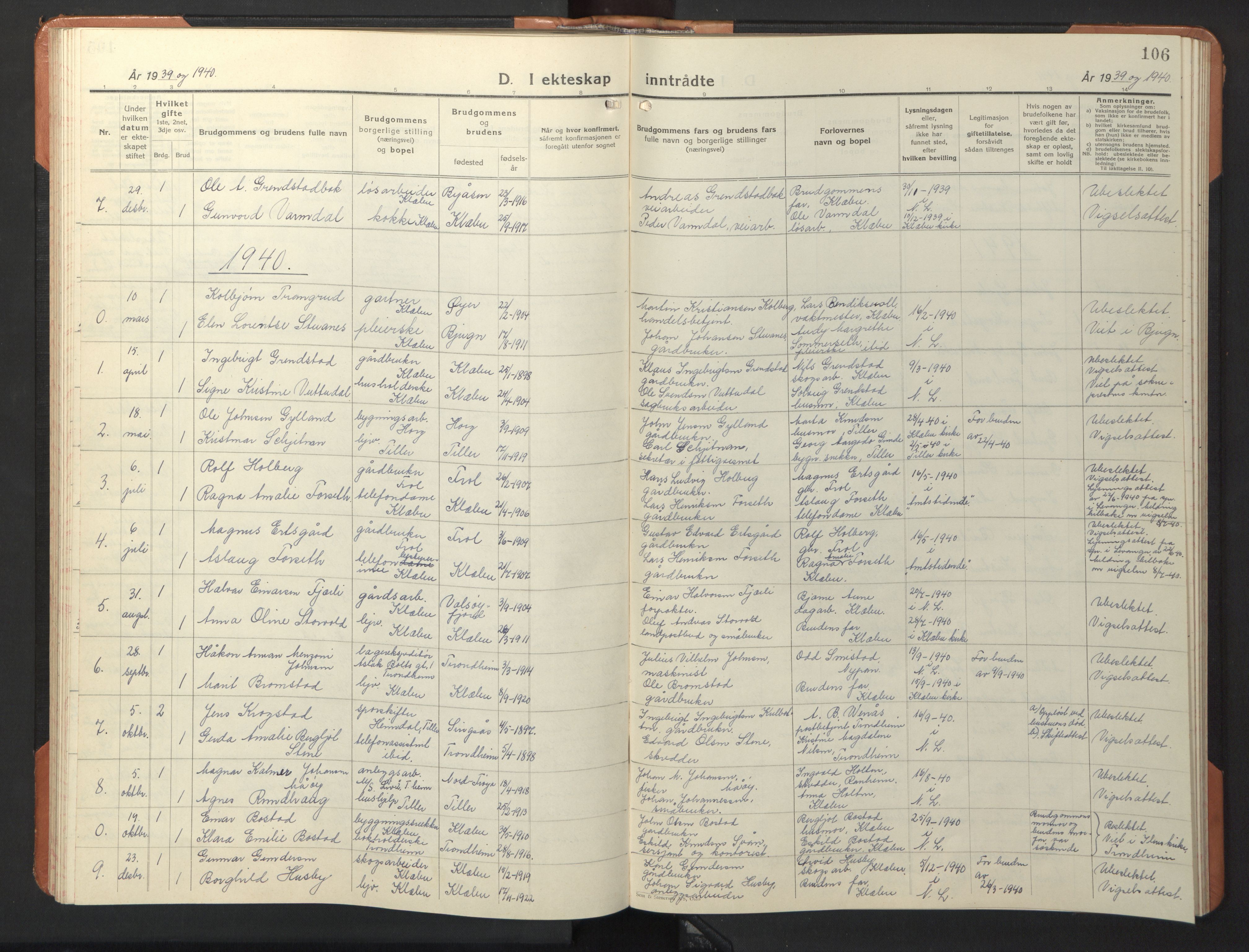 Ministerialprotokoller, klokkerbøker og fødselsregistre - Sør-Trøndelag, SAT/A-1456/618/L0454: Parish register (copy) no. 618C05, 1926-1946, p. 106