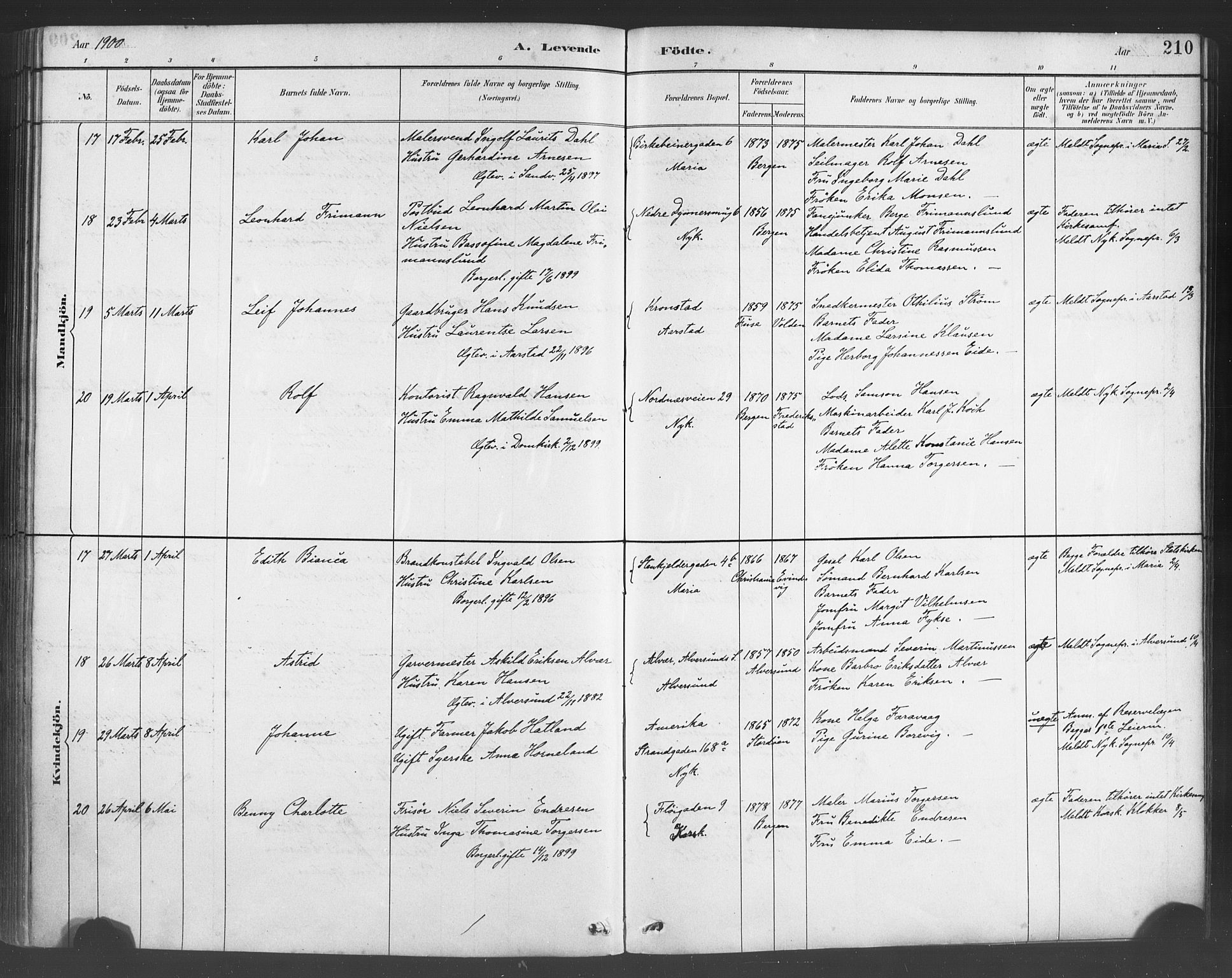 Fødselsstiftelsens sokneprestembete*, SAB/-: Parish register (official) no. A 2, 1884-1900, p. 210