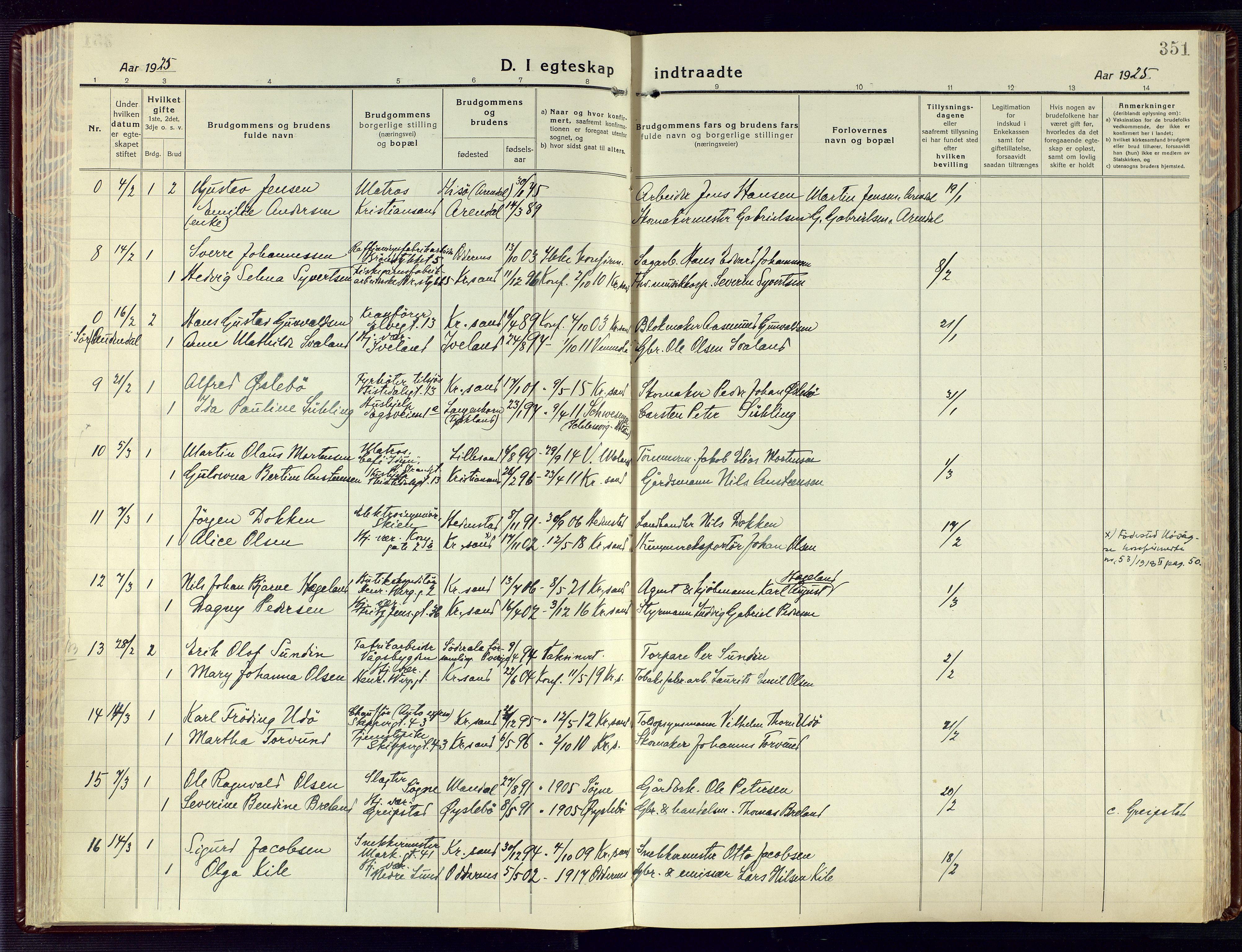 Kristiansand domprosti, AV/SAK-1112-0006/F/Fa/L0028: Parish register (official) no. A 27, 1917-1926, p. 351