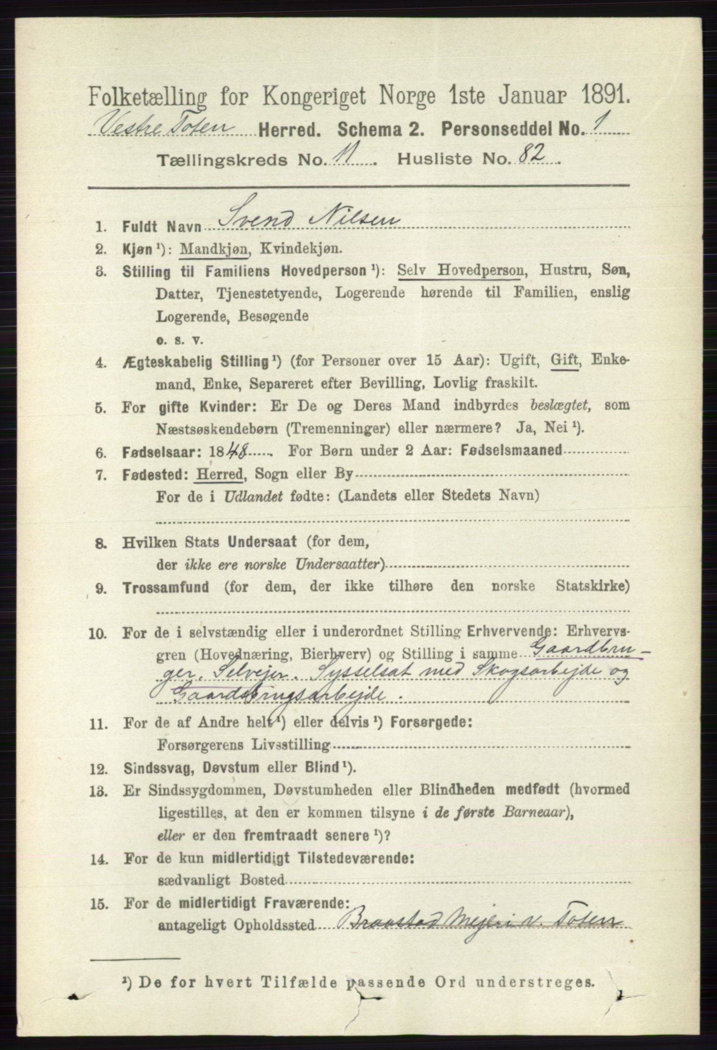 RA, 1891 census for 0529 Vestre Toten, 1891, p. 7196