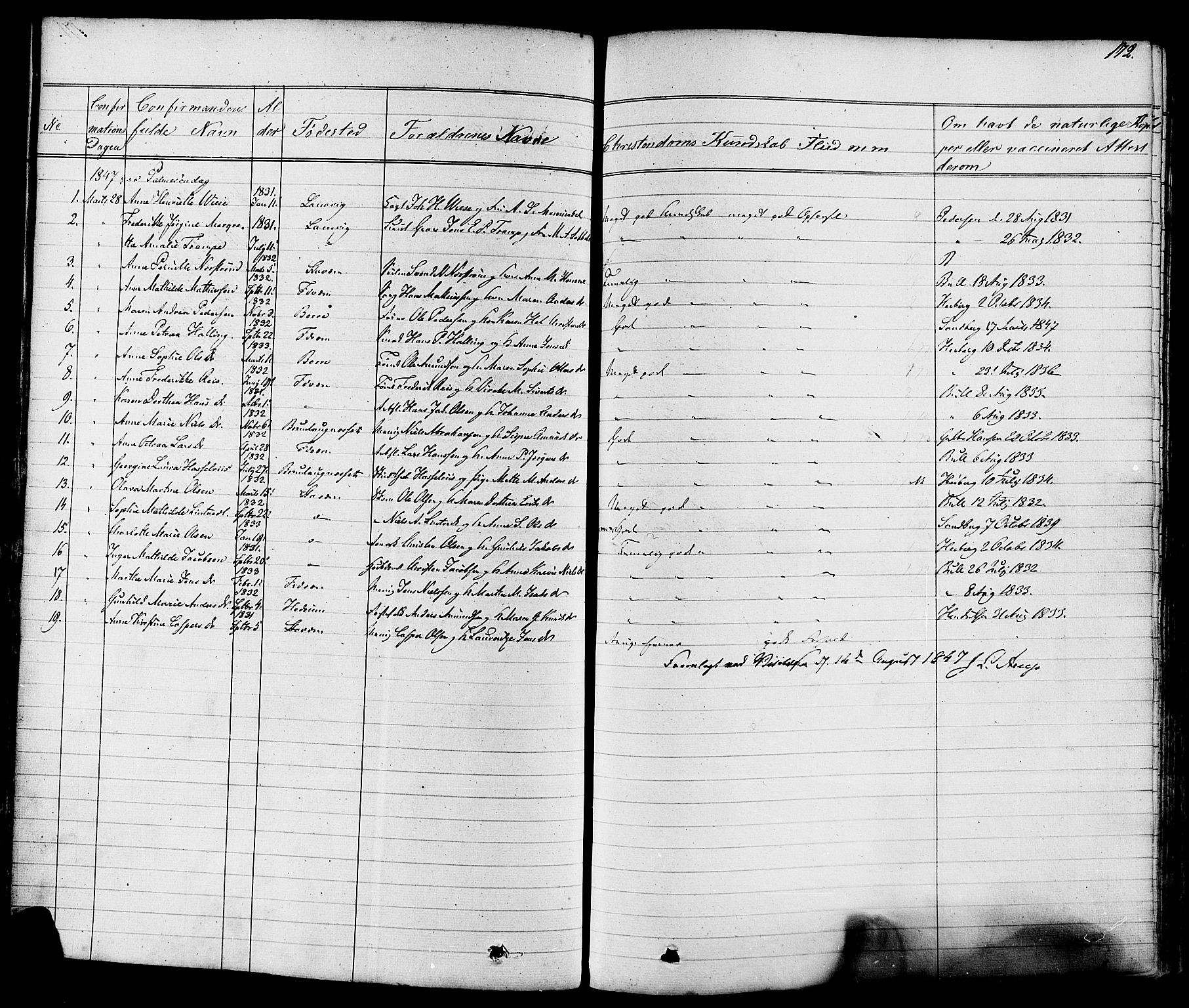 Stavern kirkebøker, SAKO/A-318/F/Fa/L0007: Parish register (official) no. 7, 1840-1877, p. 172