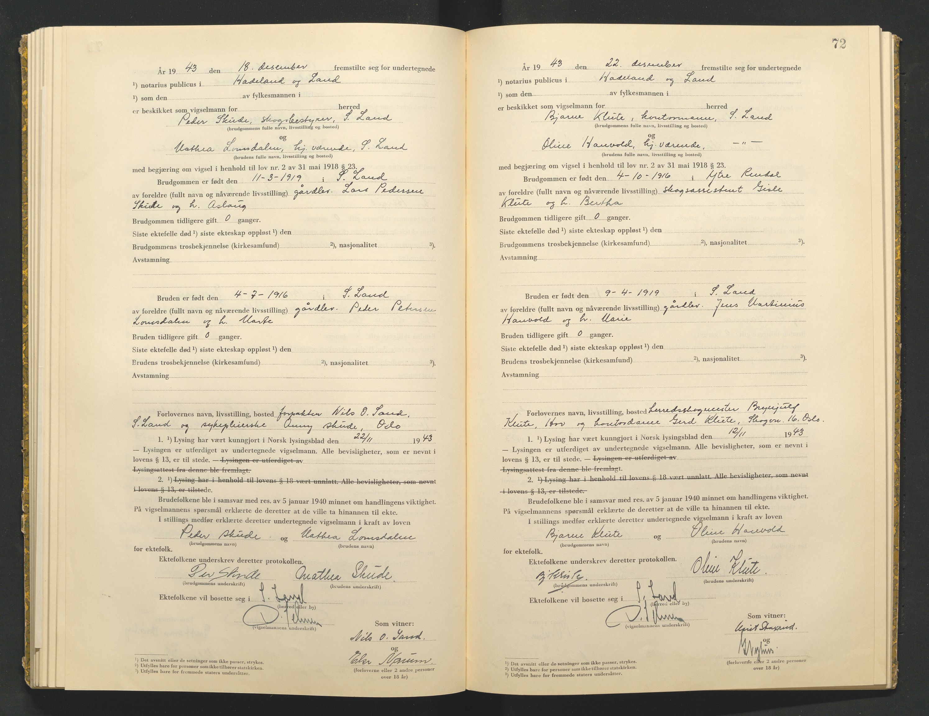 Hadeland og Land tingrett, AV/SAH-TING-010/L/Lb/L0002: Vigselbok, 1943-1944, p. 72