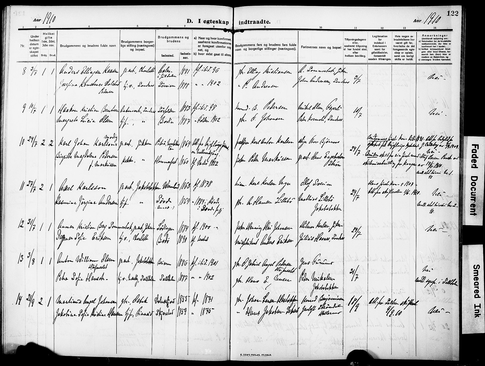 Ministerialprotokoller, klokkerbøker og fødselsregistre - Nordland, SAT/A-1459/850/L0710: Parish register (official) no. 850A02, 1910-1920, p. 122