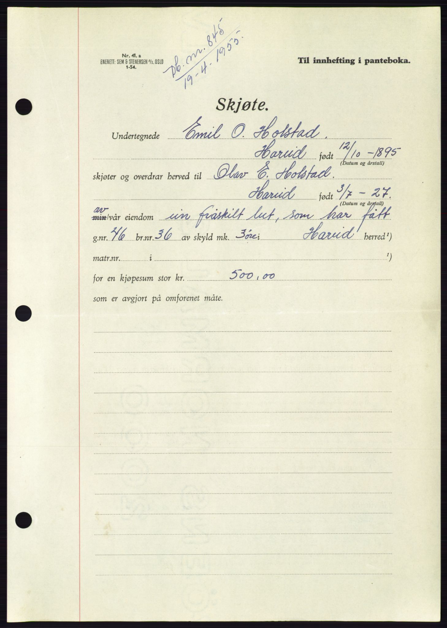 Søre Sunnmøre sorenskriveri, AV/SAT-A-4122/1/2/2C/L0100: Mortgage book no. 26A, 1954-1955, Diary no: : 845/1955