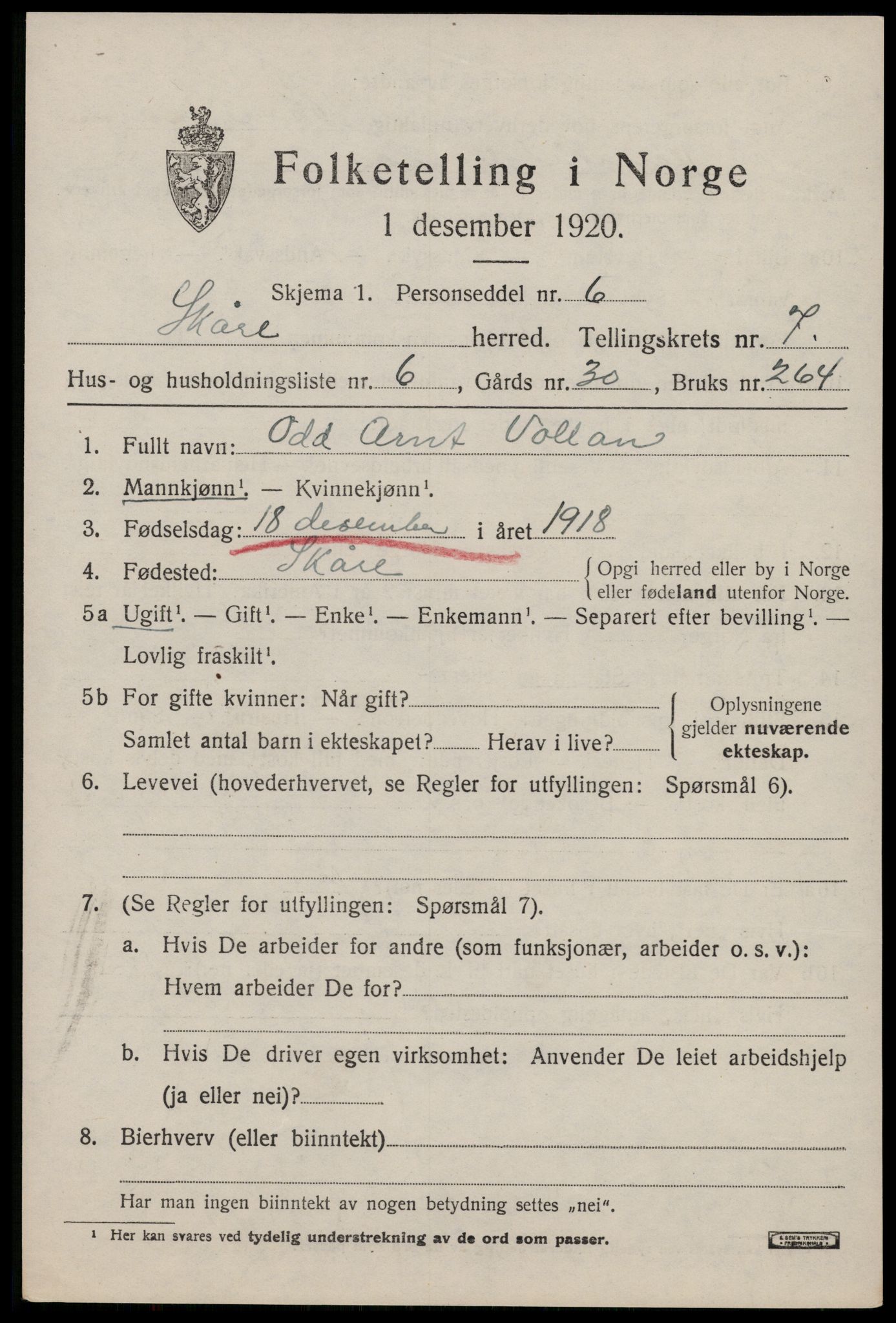 SAST, 1920 census for Skåre, 1920, p. 4812