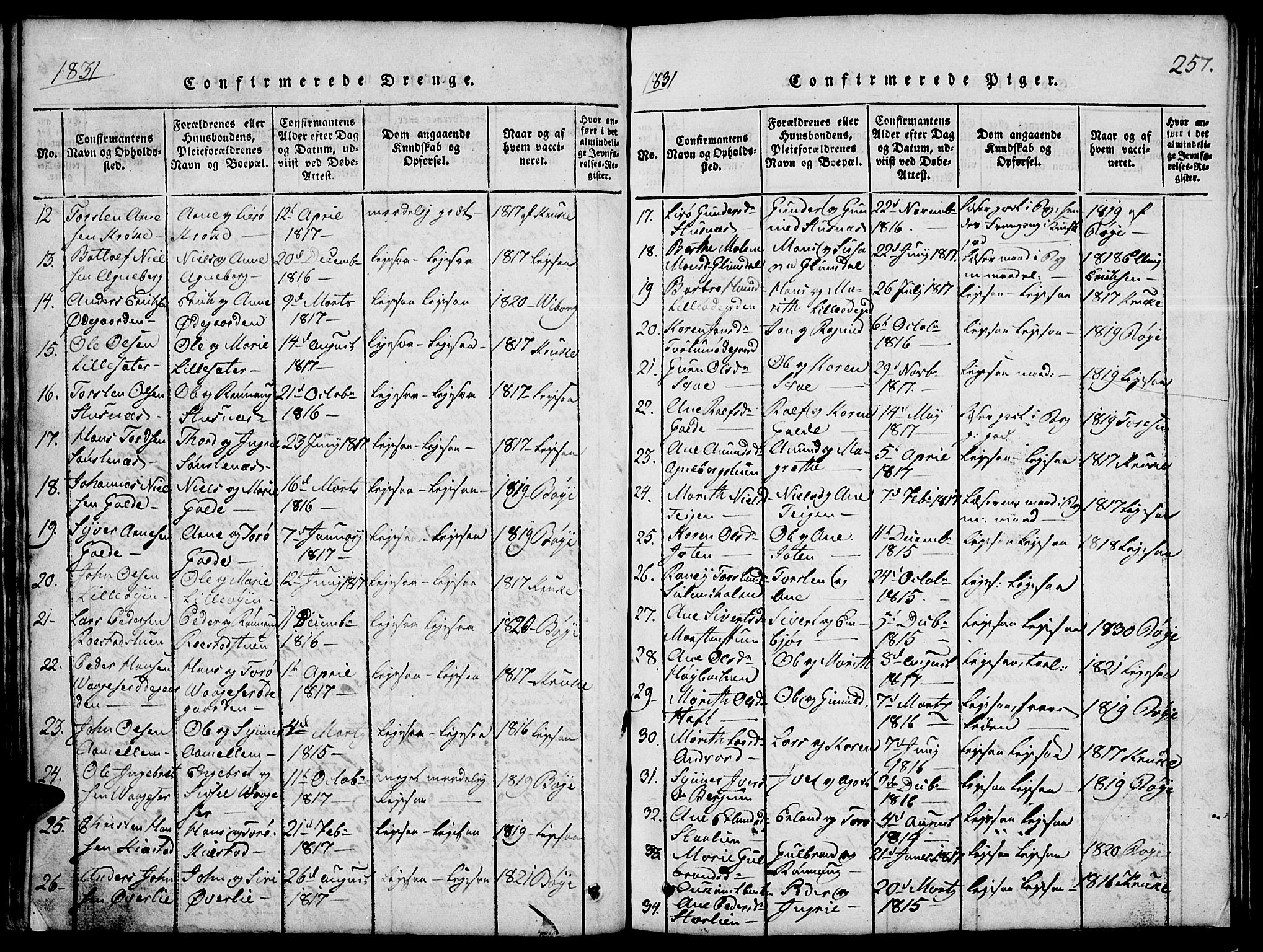 Lom prestekontor, SAH/PREST-070/L/L0001: Parish register (copy) no. 1, 1815-1836, p. 257