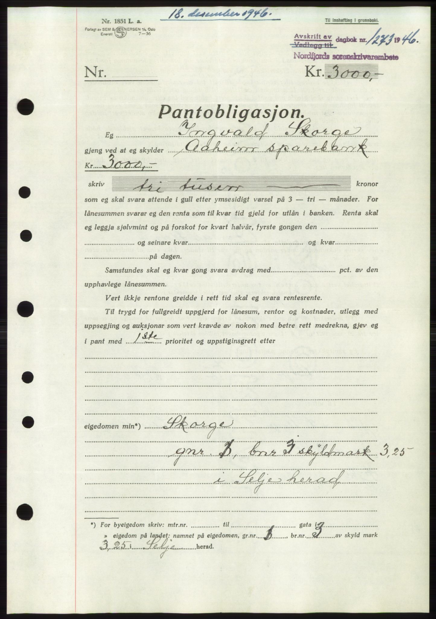 Nordfjord sorenskriveri, AV/SAB-A-2801/02/02b/02bk/L0005: Mortgage book no. B7-8, 1946-1947, Diary no: : 1273/1946