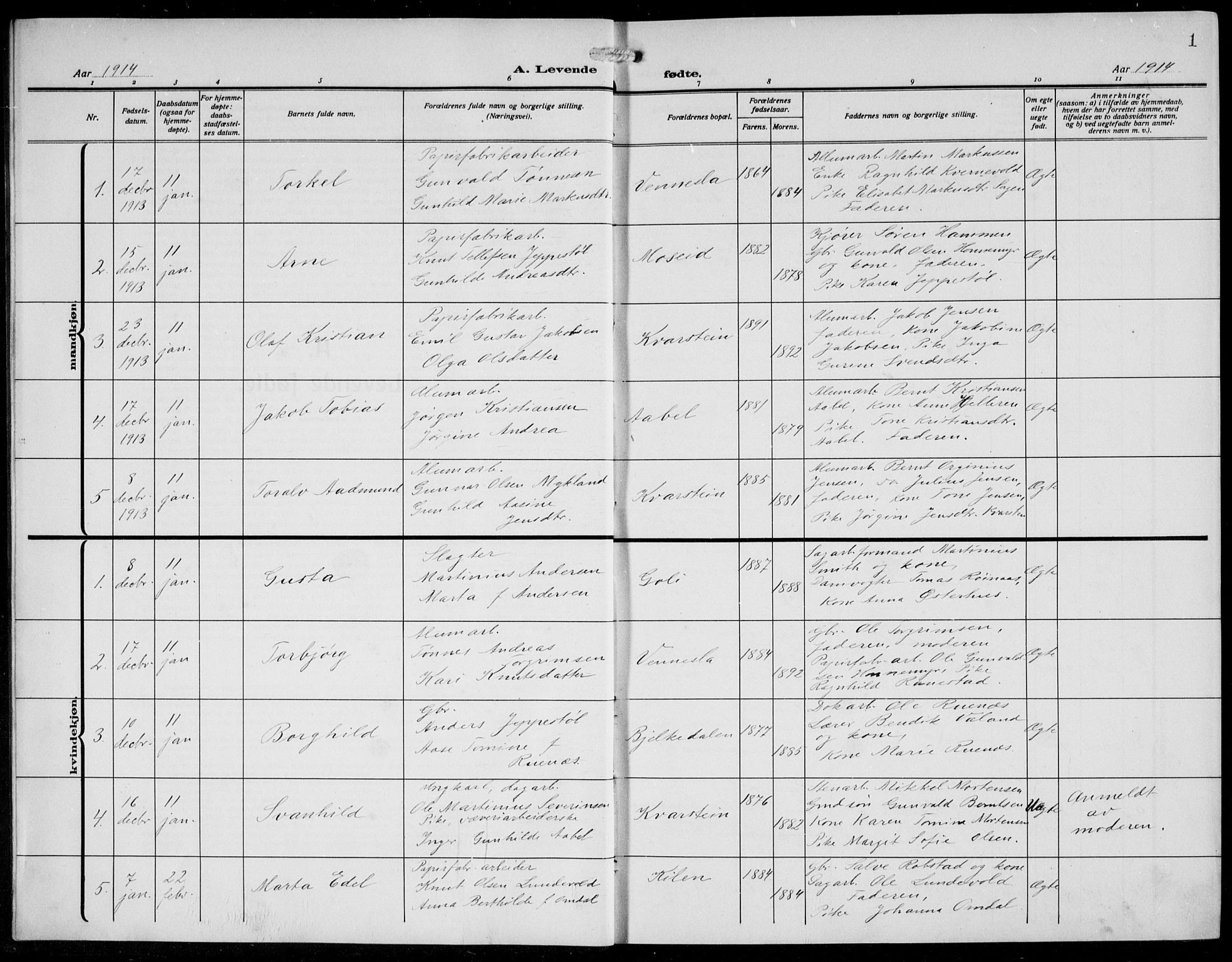 Vennesla sokneprestkontor, AV/SAK-1111-0045/Fb/Fbb/L0006: Parish register (copy) no. B 6, 1914-1921, p. 1