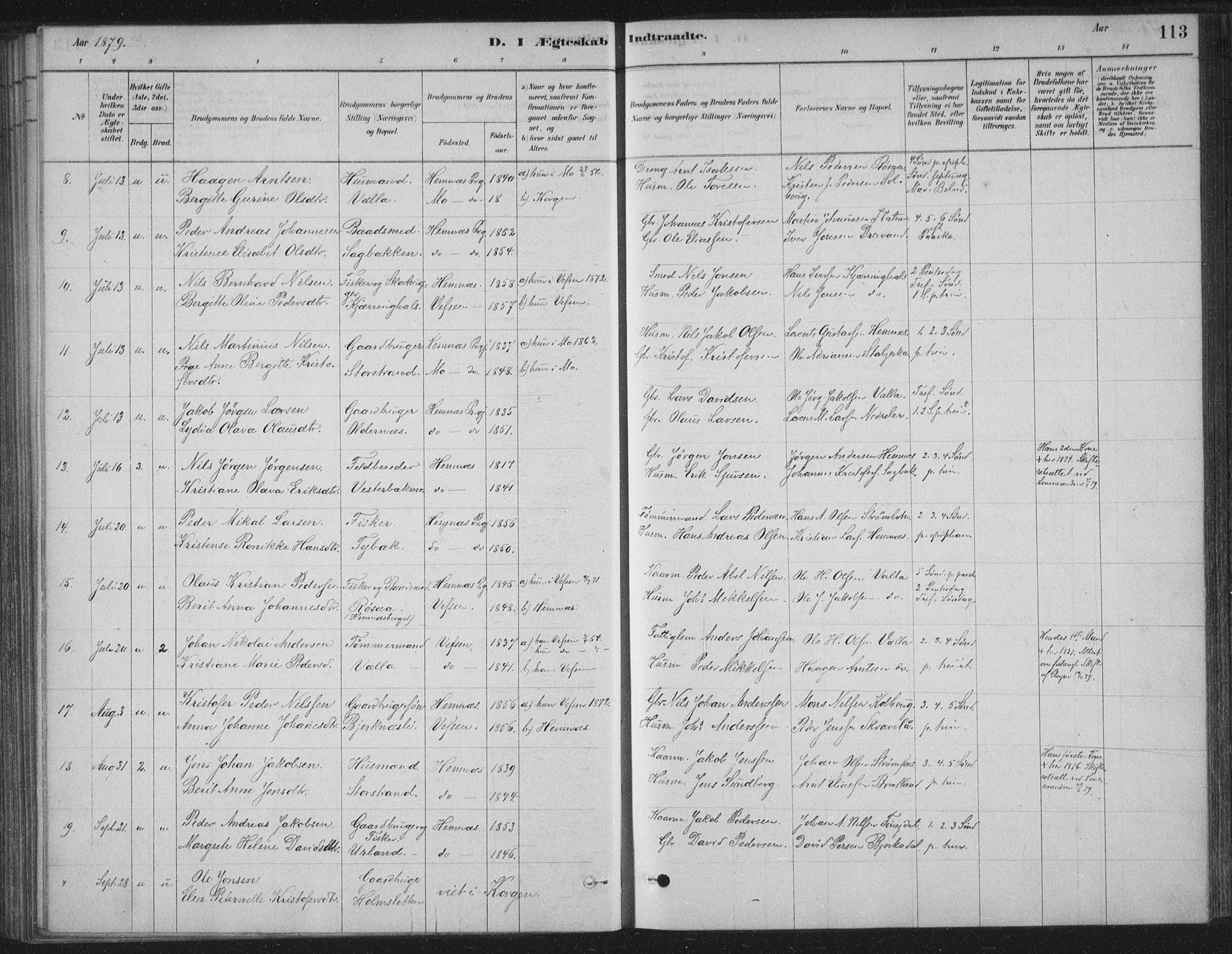 Ministerialprotokoller, klokkerbøker og fødselsregistre - Nordland, AV/SAT-A-1459/825/L0361: Parish register (official) no. 825A15, 1878-1893, p. 113