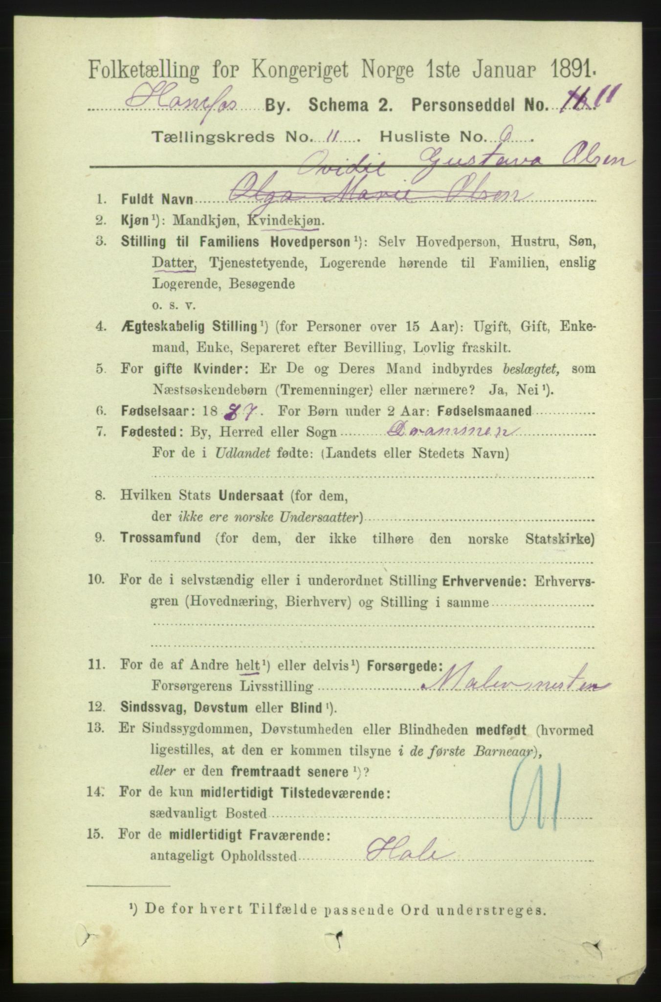 RA, 1891 census for 0601 Hønefoss, 1891, p. 1537