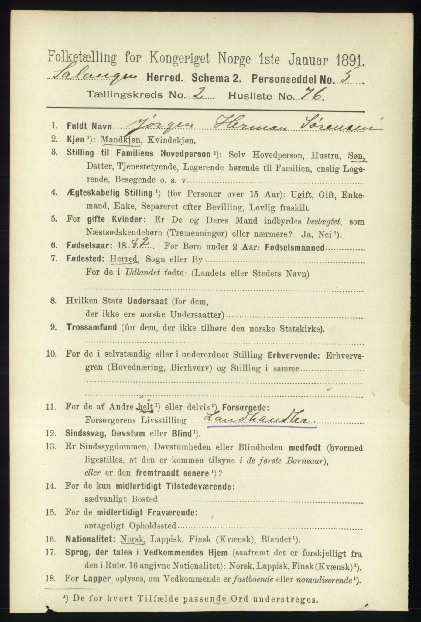 RA, 1891 census for 1921 Salangen, 1891, p. 1138