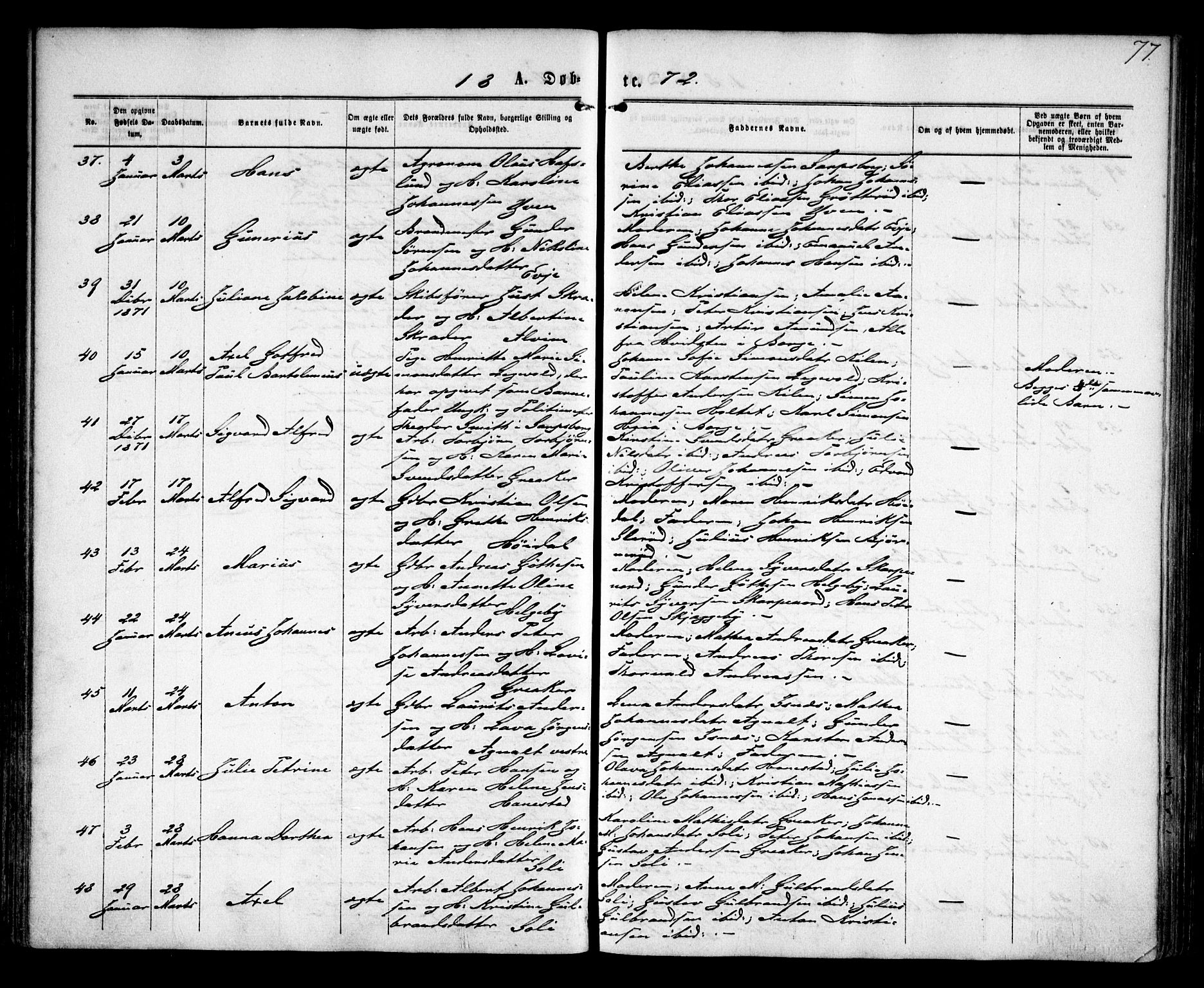 Tune prestekontor Kirkebøker, AV/SAO-A-2007/F/Fa/L0015: Parish register (official) no. 15, 1869-1873, p. 77