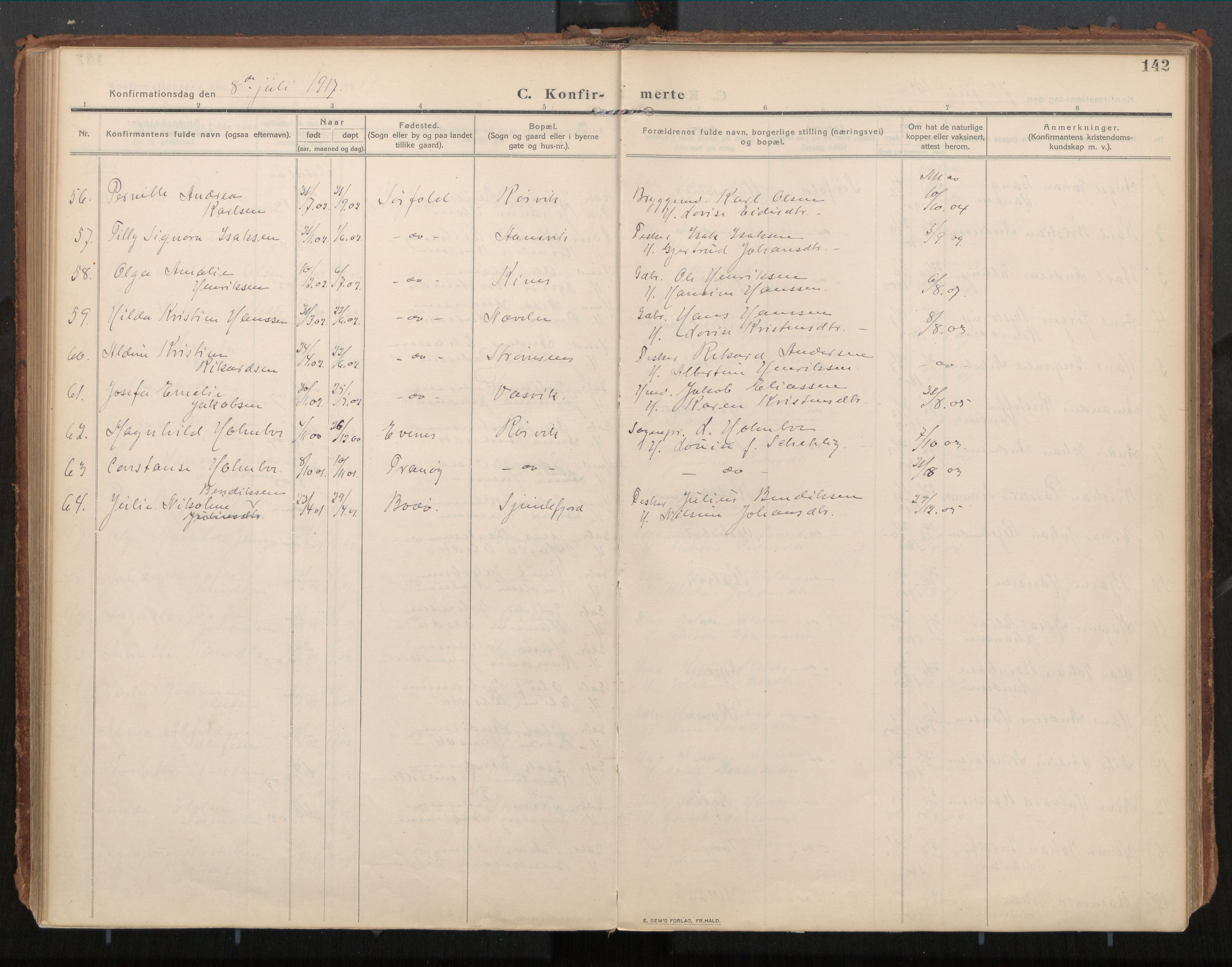 Ministerialprotokoller, klokkerbøker og fødselsregistre - Nordland, AV/SAT-A-1459/854/L0784: Parish register (official) no. 854A07, 1910-1922, p. 142