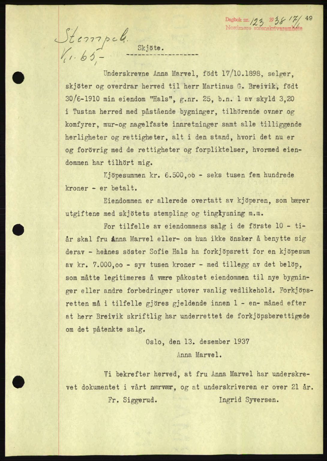 Nordmøre sorenskriveri, AV/SAT-A-4132/1/2/2Ca: Mortgage book no. A83, 1938-1938, Diary no: : 123/1938