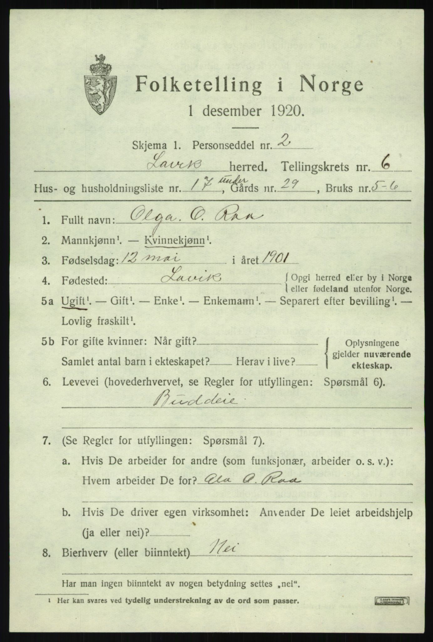 SAB, 1920 census for Lavik, 1920, p. 1520