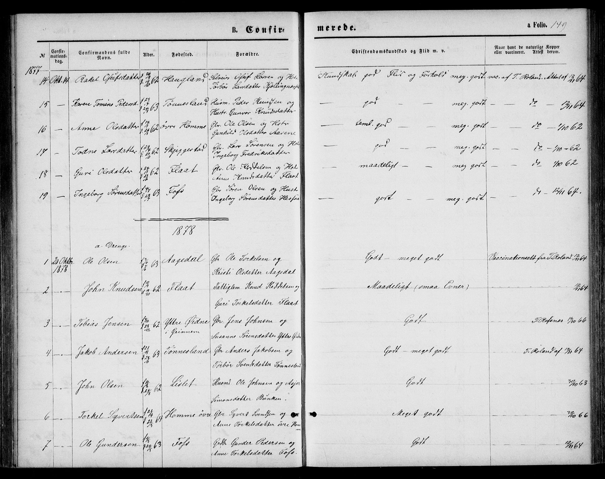 Bjelland sokneprestkontor, AV/SAK-1111-0005/F/Fb/Fba/L0004: Parish register (copy) no. B 4, 1869-1886, p. 149