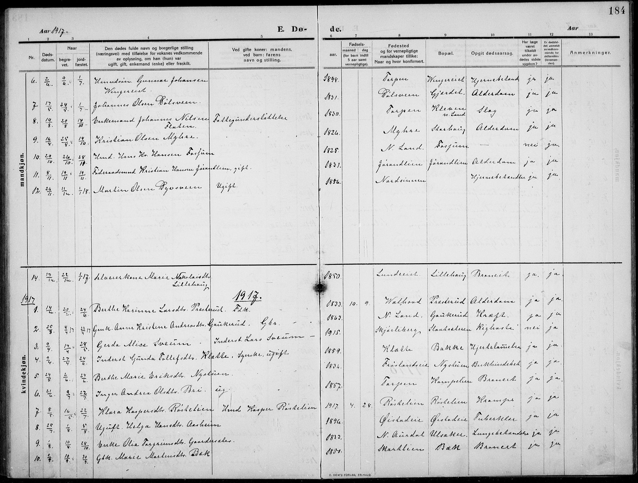 Nordre Land prestekontor, AV/SAH-PREST-124/H/Ha/Hab/L0002: Parish register (copy) no. 2, 1909-1934, p. 184