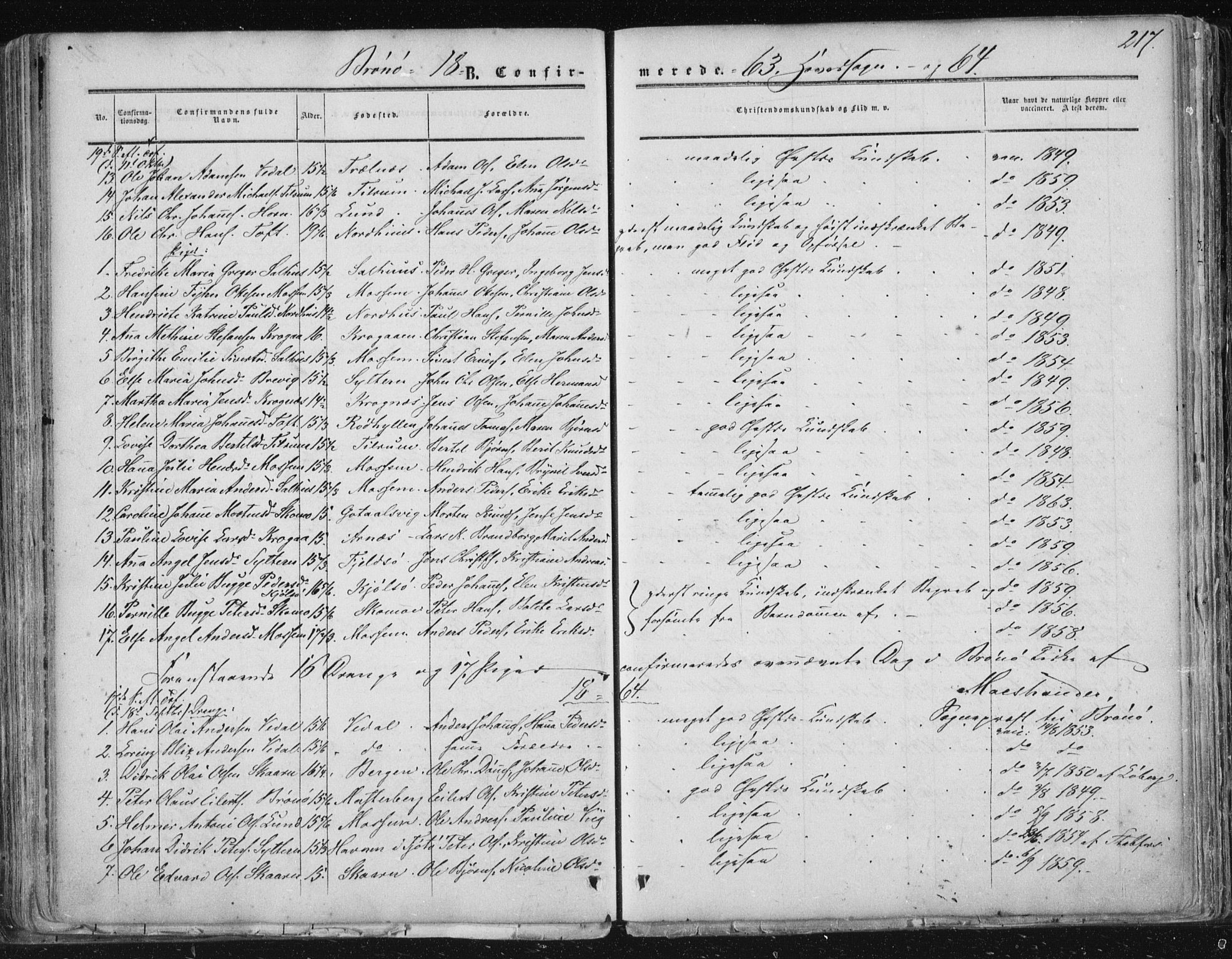 Ministerialprotokoller, klokkerbøker og fødselsregistre - Nordland, SAT/A-1459/813/L0198: Parish register (official) no. 813A08, 1834-1874, p. 217