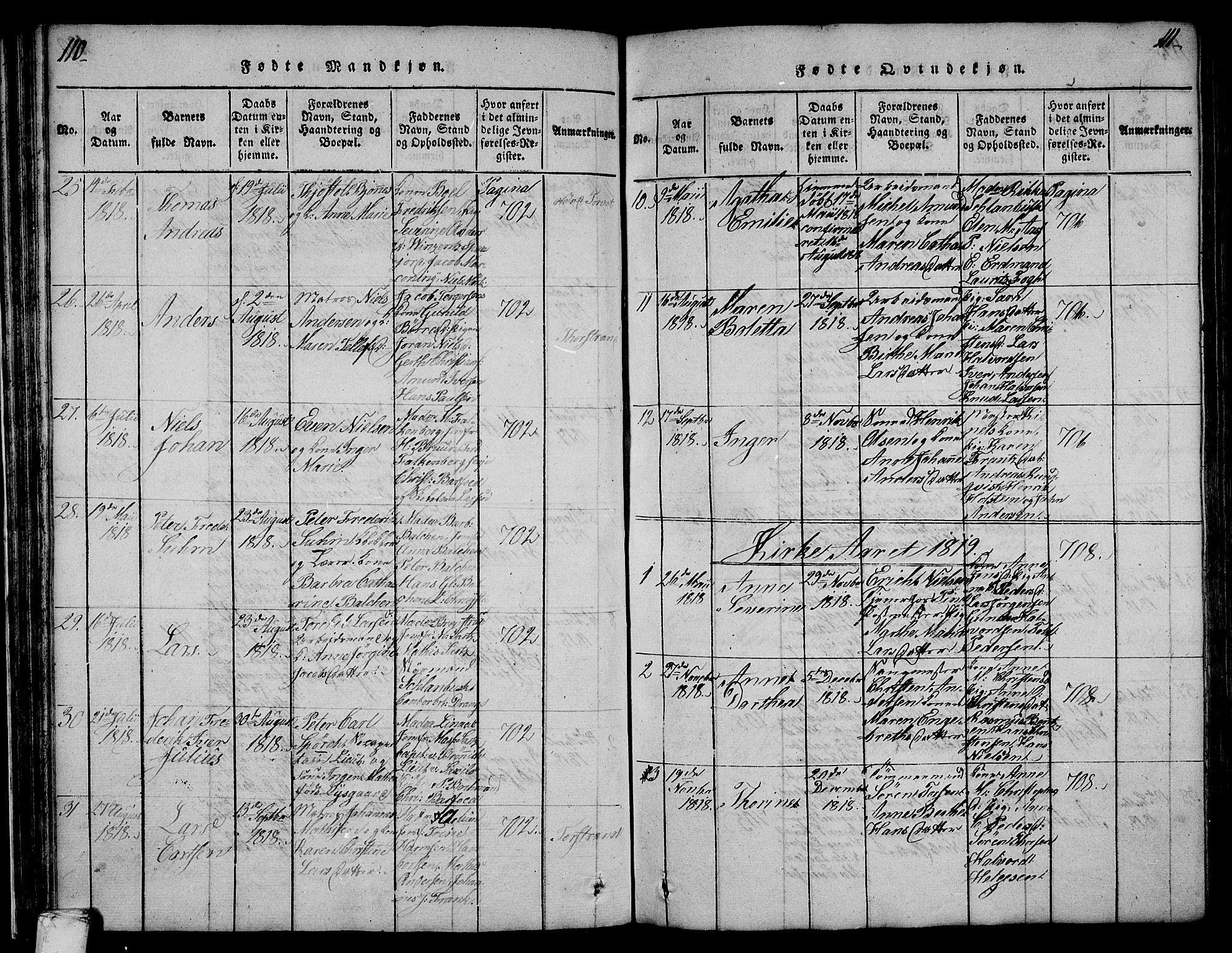 Larvik kirkebøker, SAKO/A-352/F/Fa/L0001: Parish register (official) no. I 1, 1814-1825, p. 110-111