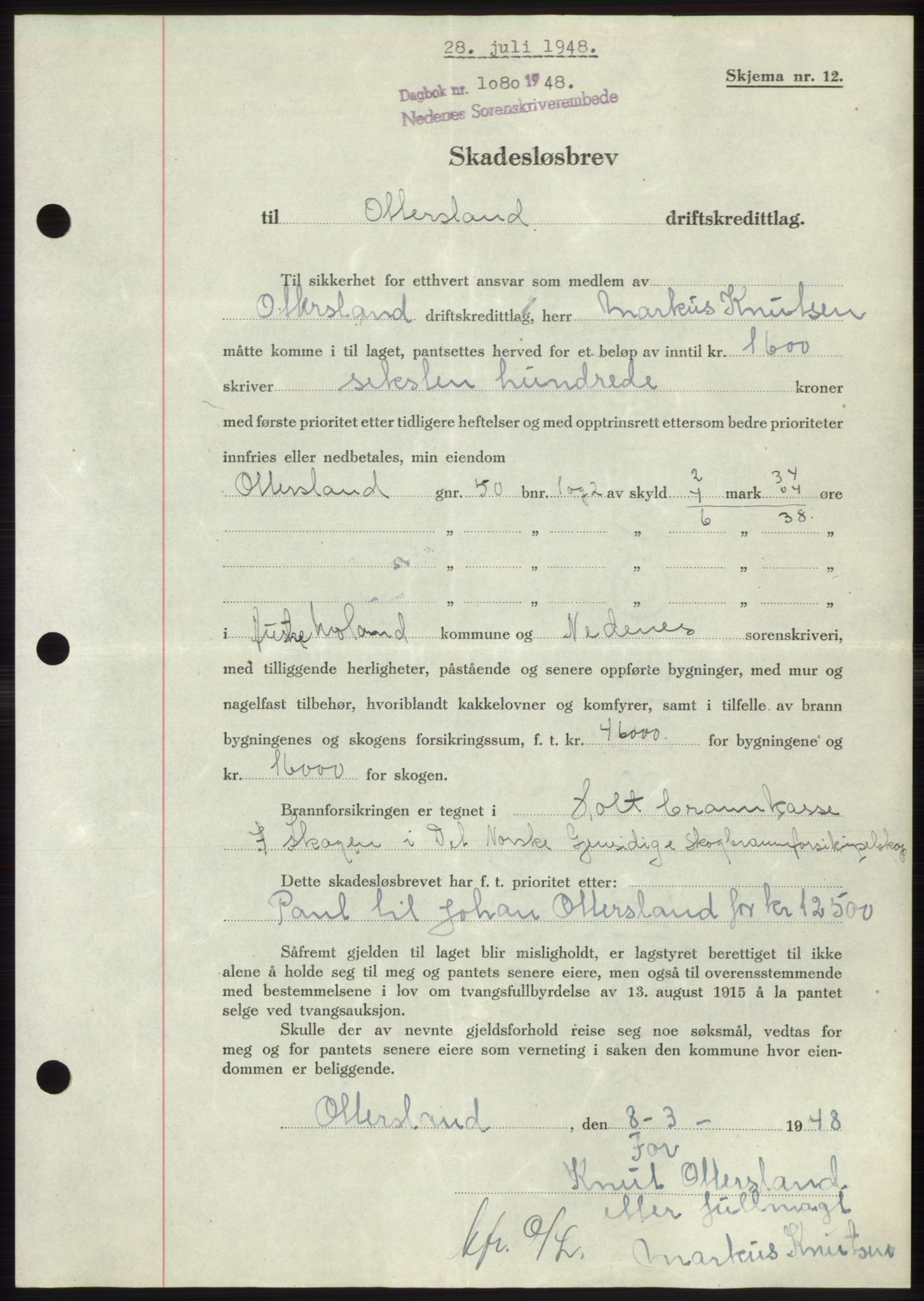 Nedenes sorenskriveri, AV/SAK-1221-0006/G/Gb/Gbb/L0005: Mortgage book no. B5, 1948-1948, Diary no: : 1080/1948