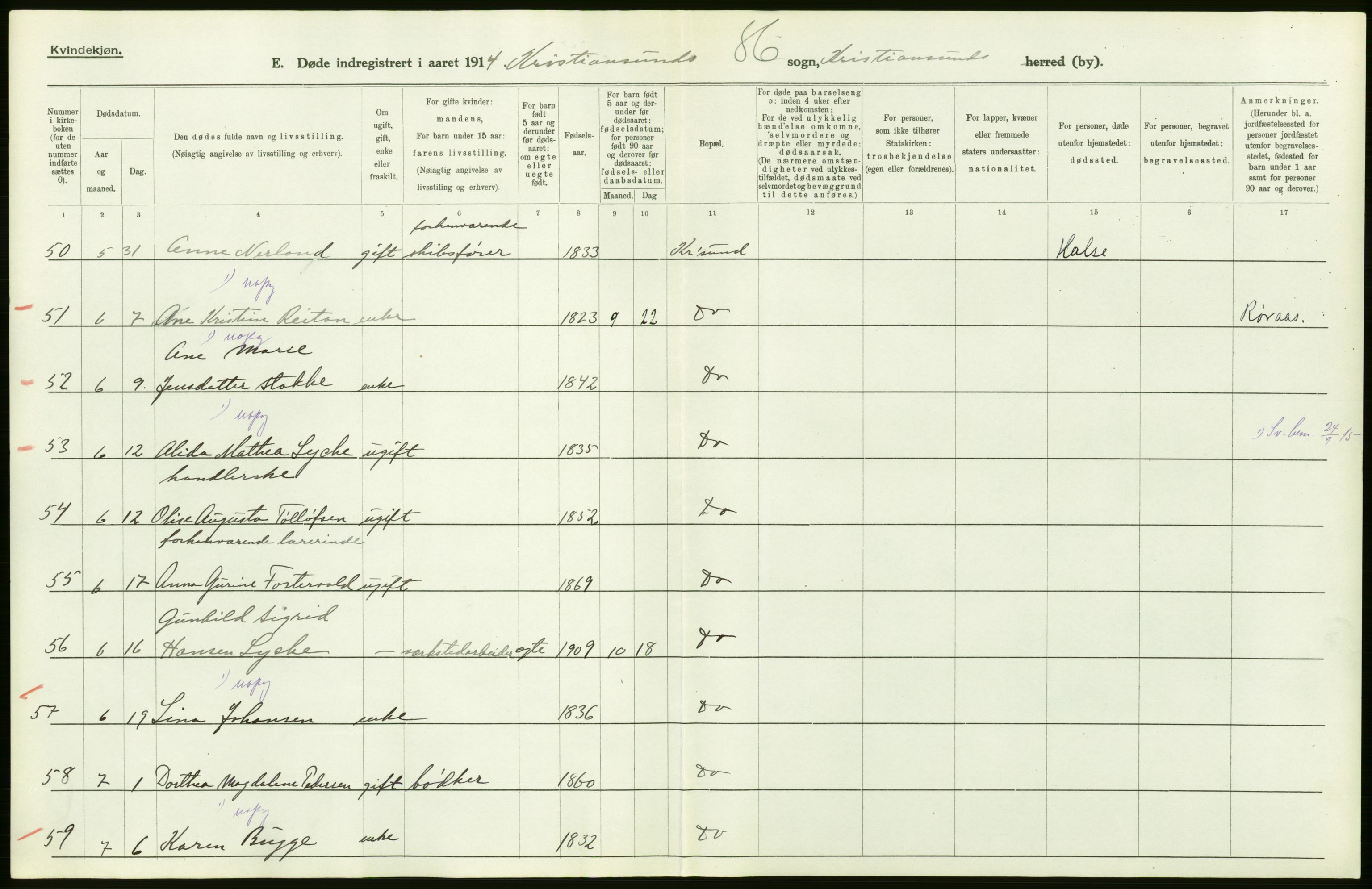 Statistisk sentralbyrå, Sosiodemografiske emner, Befolkning, AV/RA-S-2228/D/Df/Dfb/Dfbd/L0037: Romsdals amt: Døde. Bygder og byer., 1914, p. 14