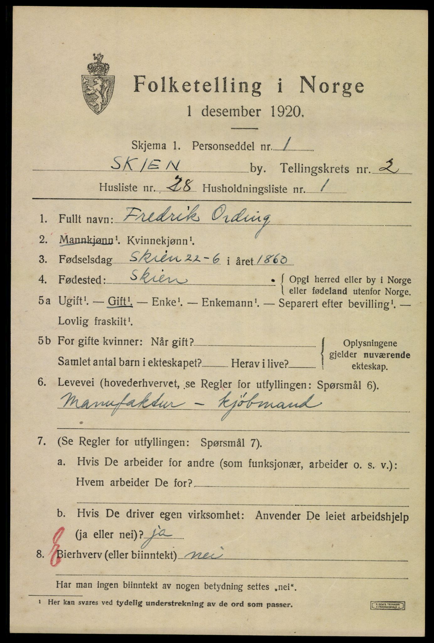 SAKO, 1920 census for Skien, 1920, p. 13982