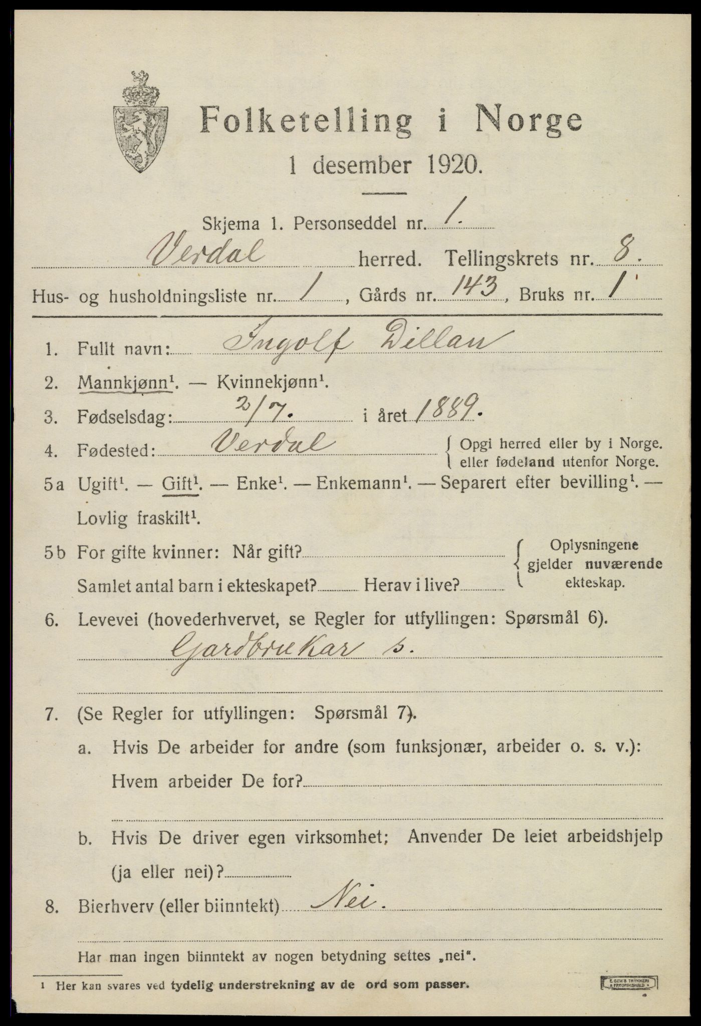 SAT, 1920 census for Verdal, 1920, p. 10217