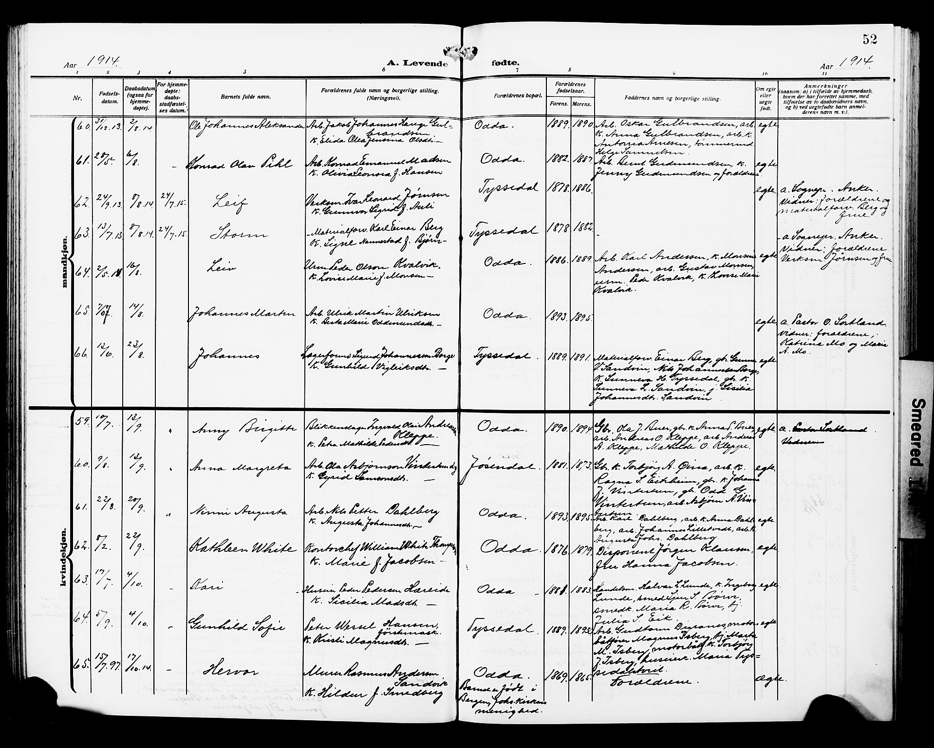 Odda Sokneprestembete, SAB/A-77201/H/Hab: Parish register (copy) no. A 8, 1910-1923, p. 52
