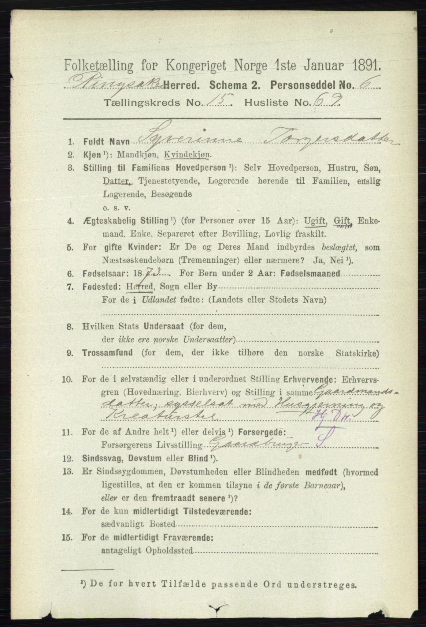 RA, 1891 census for 0412 Ringsaker, 1891, p. 8911